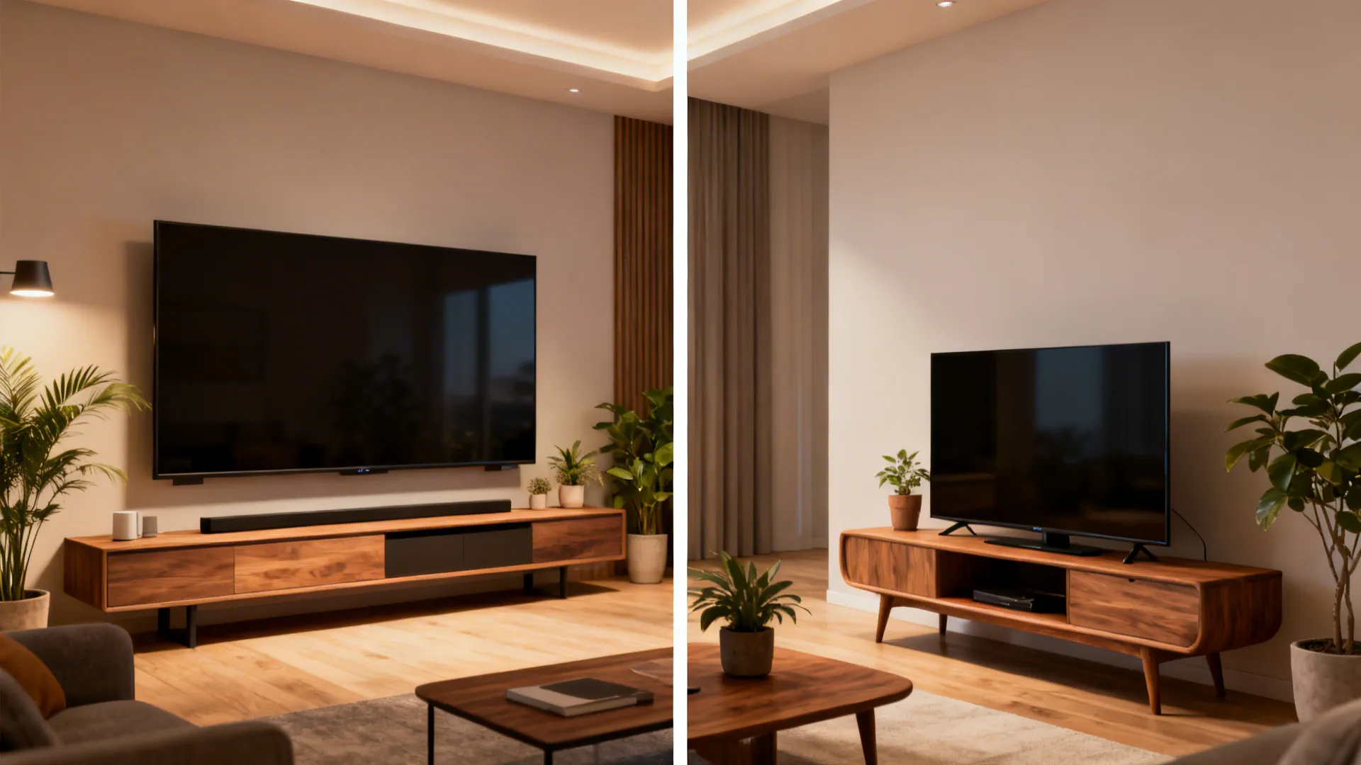 Two living room arrangements showing how TV size balances with furniture and console scale