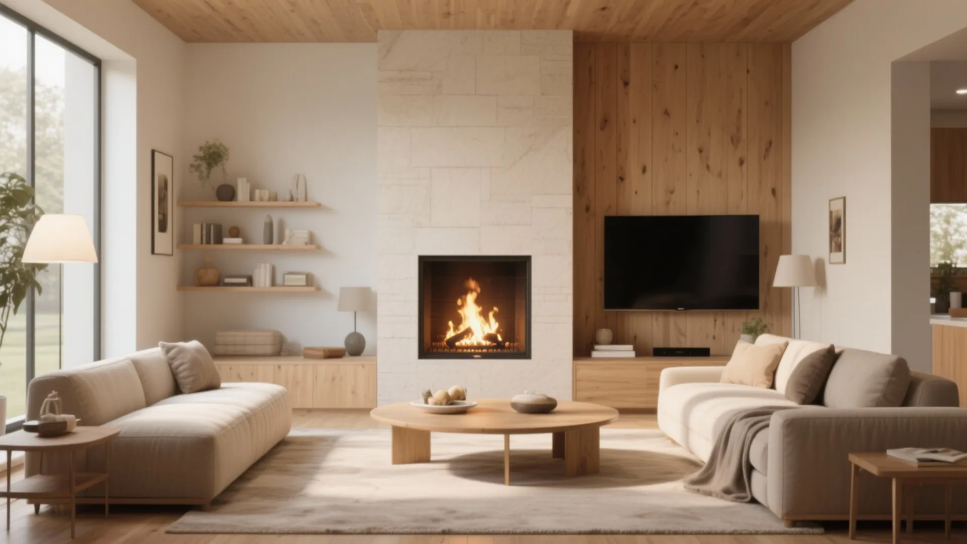 Minimalist living room showing white fireplace wooden wall television two beige sofas and round coffee table