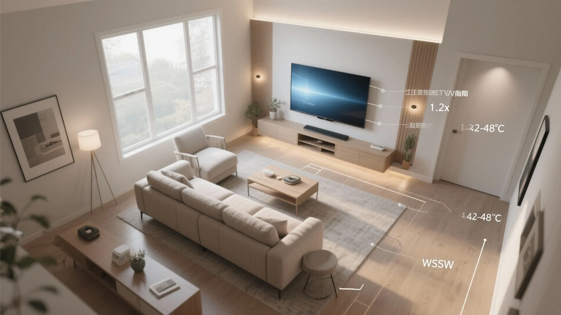 Top-down guide showing seating distance, screen center height, and anti-glare layout in a hall.