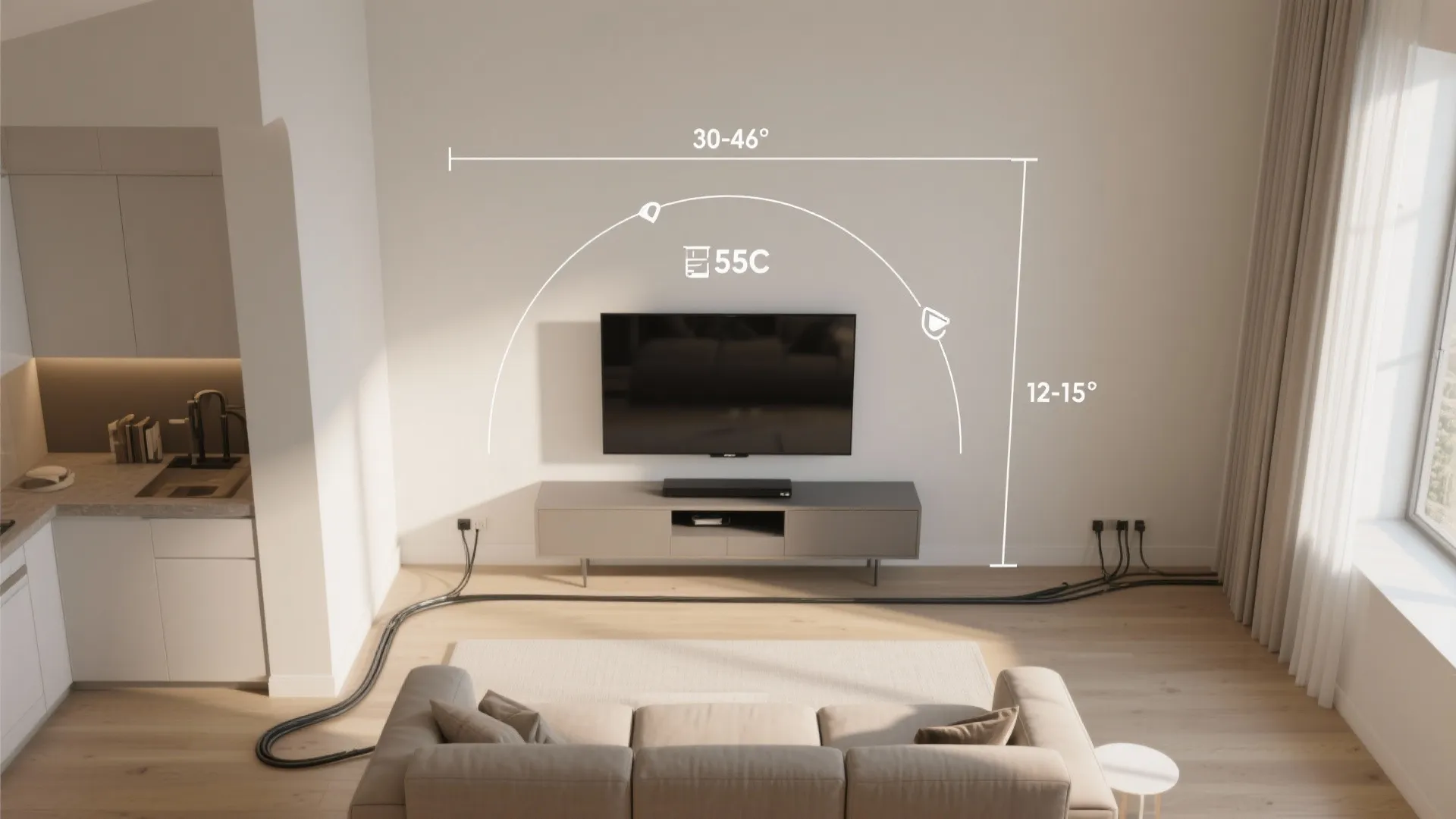 Living room setup guide showing ideal viewing angles for wall mounted television and floor sofa