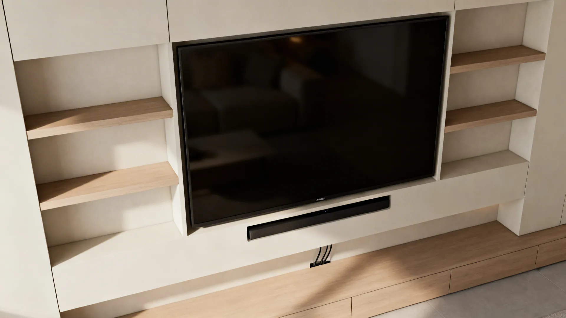 Top-down view of a TV wall with shallow built-in shelves and hidden soundbar slot.