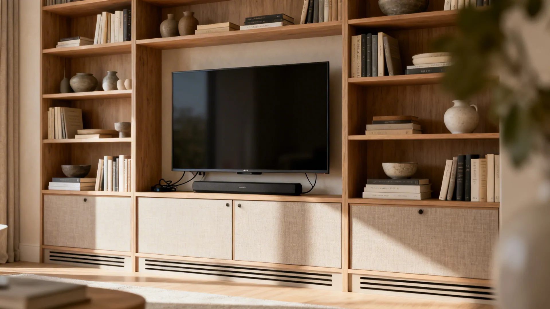 Built-in shelving surrounds a slim TV with integrated storage and cable management.