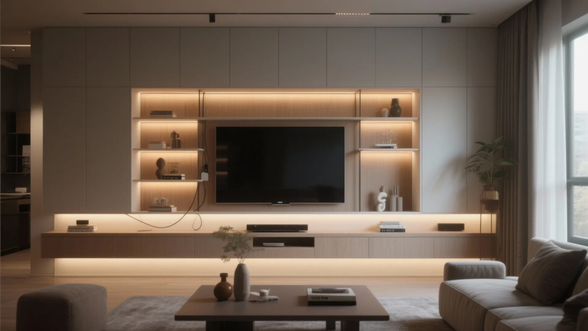 Living room featuring built in wall cabinet with television and warm glowing light fixture shelves