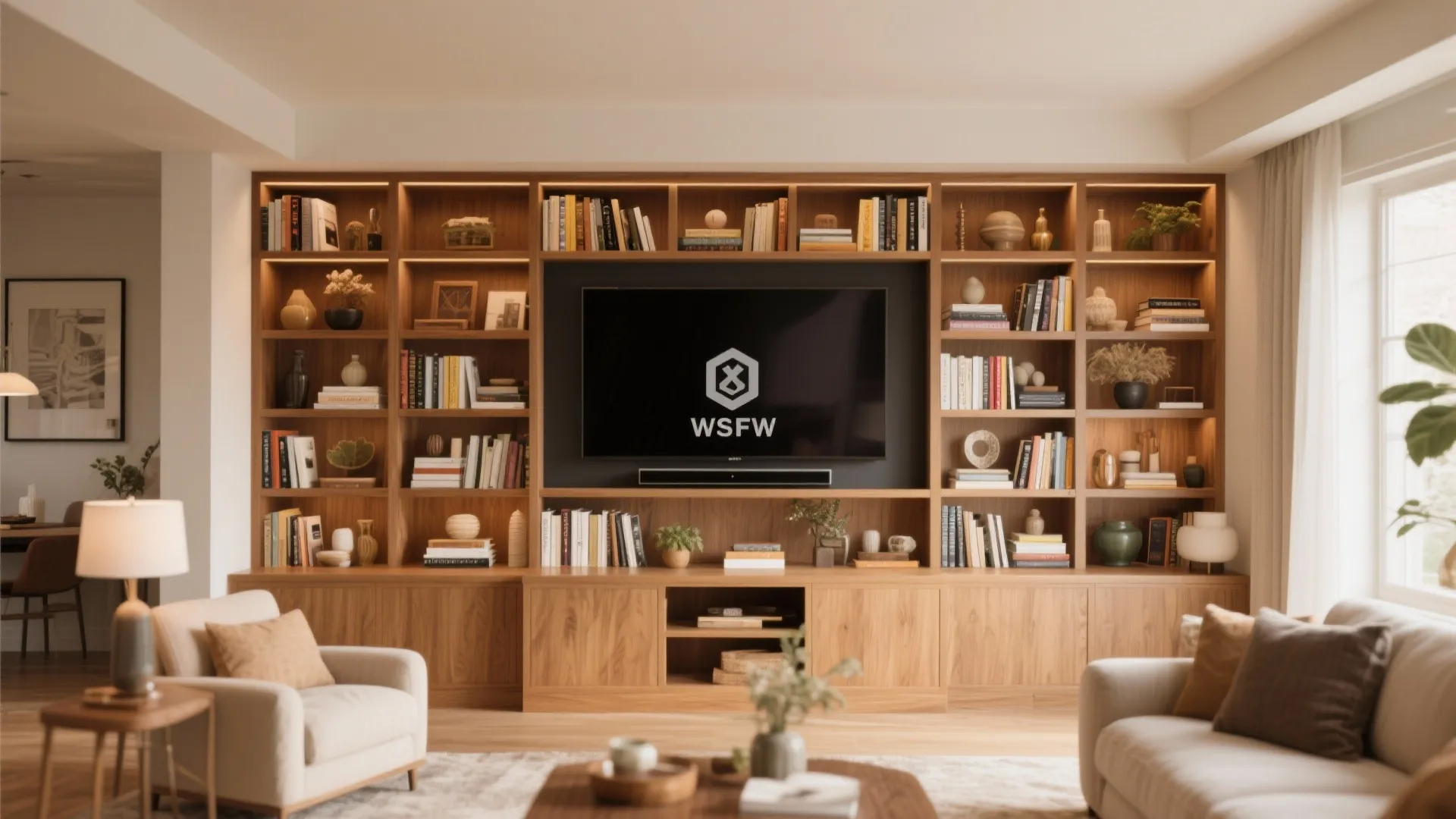 Large wooden bookshelf wall with integrated television unit and warm lighting in a cozy room