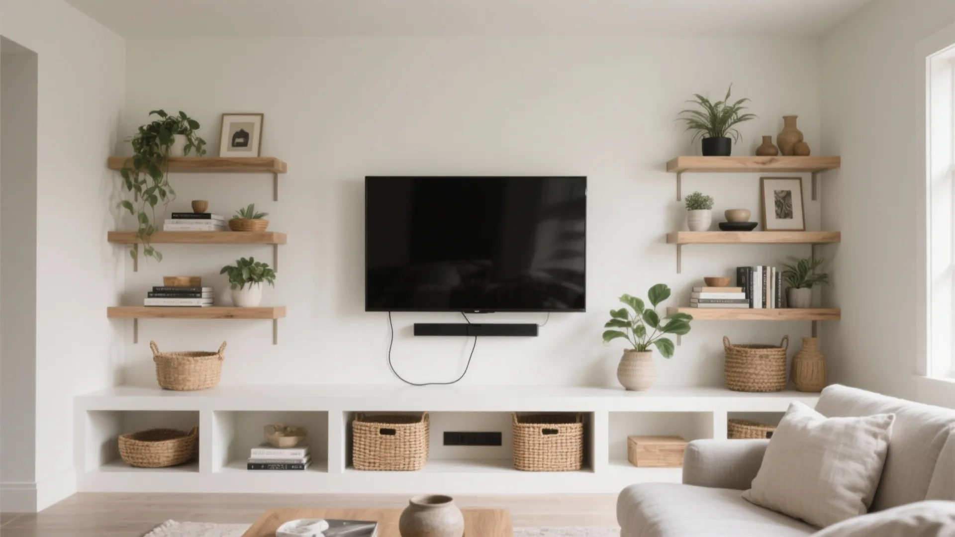 Built-in shelving that frames the TV wall