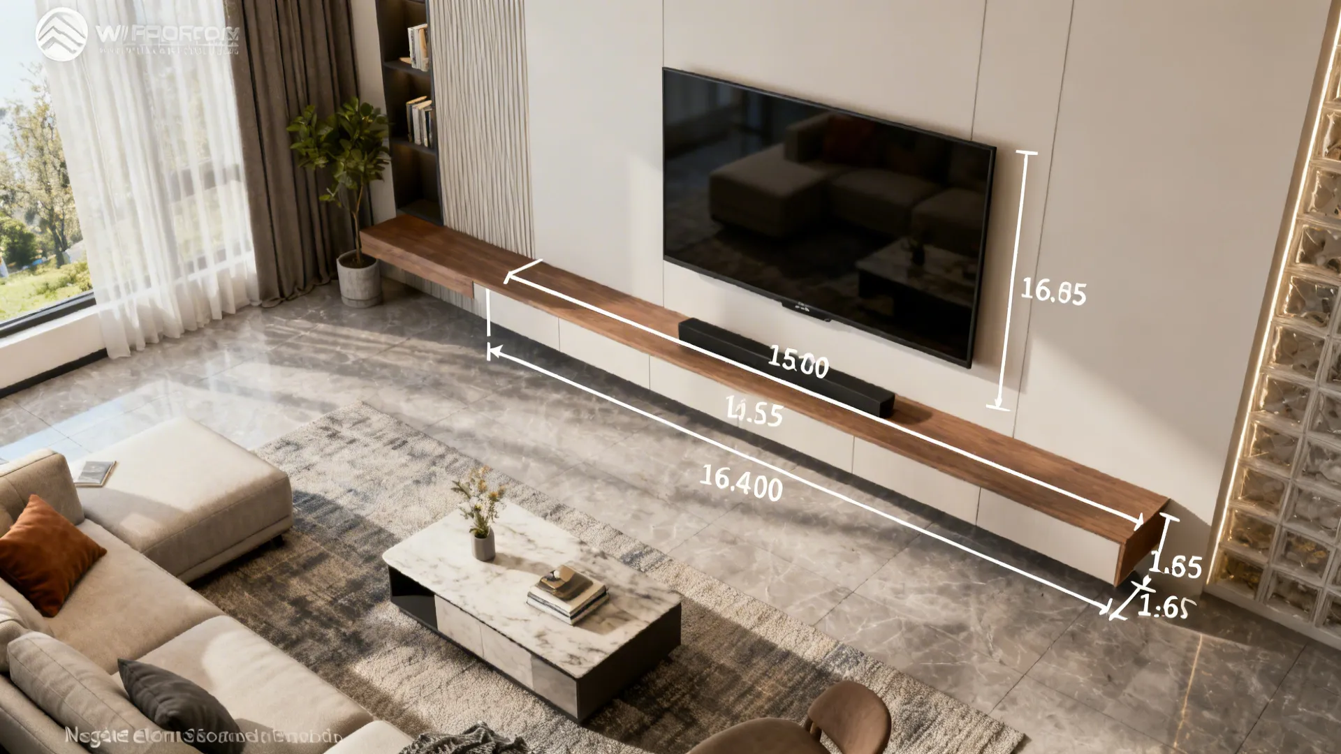 Top-down layout showing TV sightlines and recommended console heights for seating