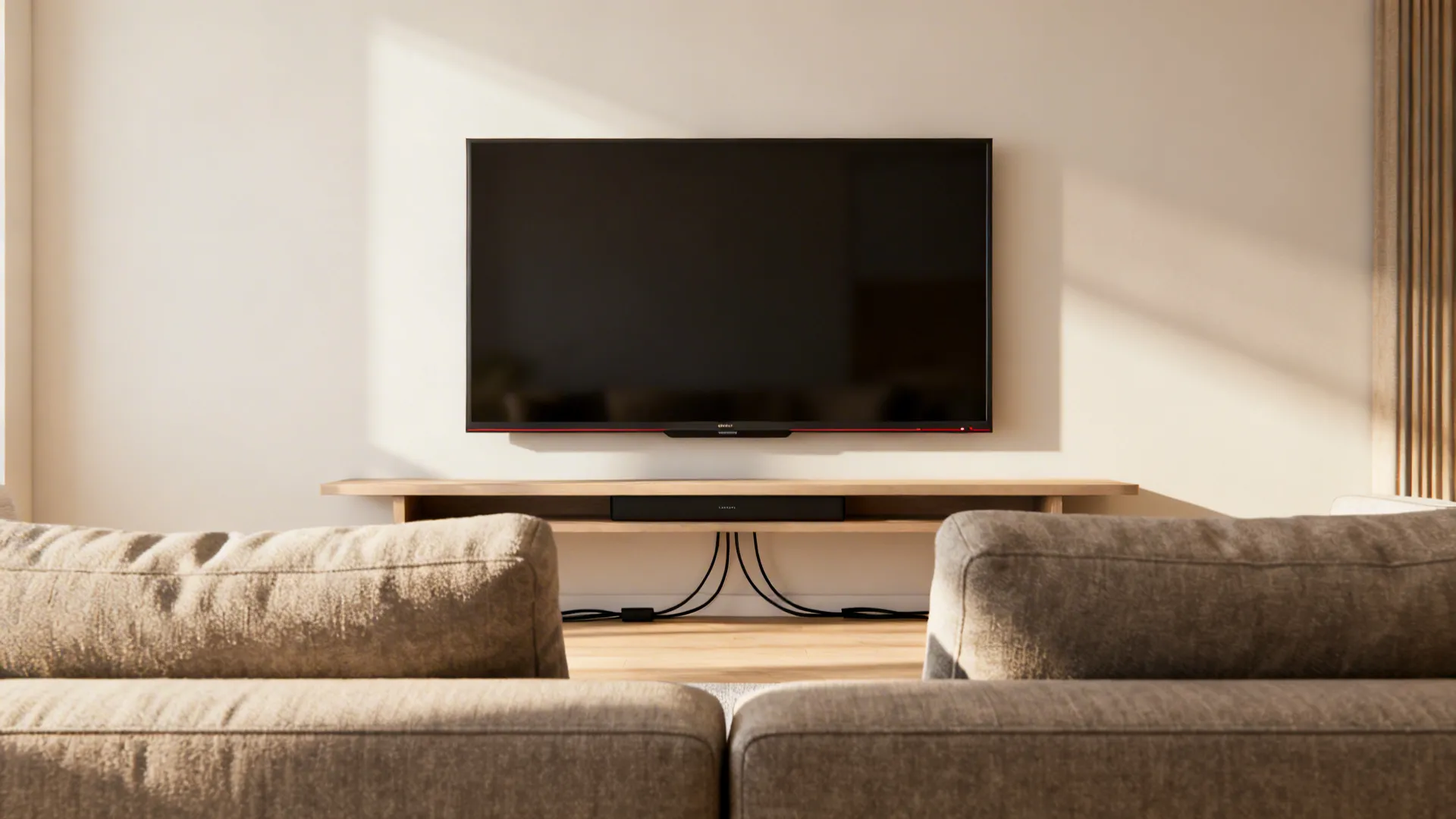 Wall-mounted TV installed with its center at comfortable seated eye level and hidden cable management.