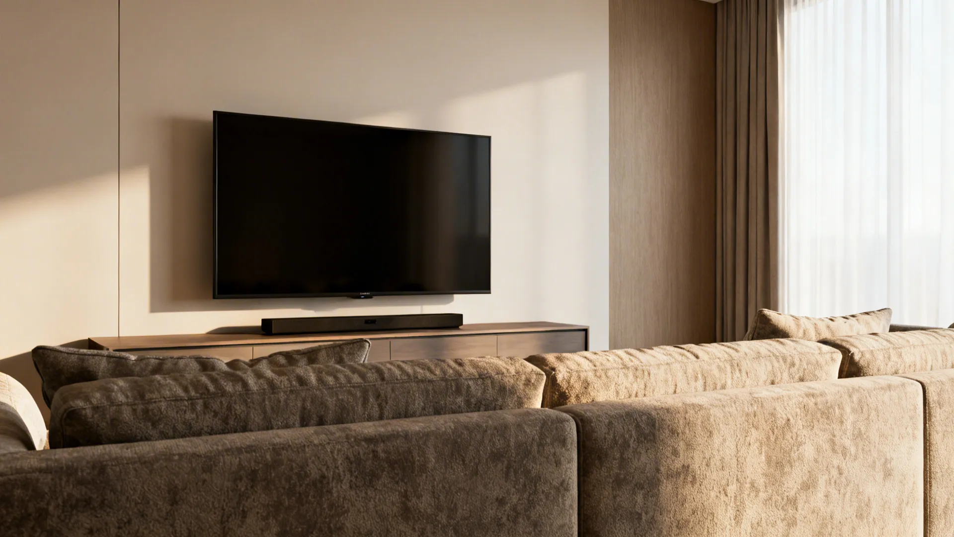 TV mounted at comfortable center height above a media console illustrating proper sightlines