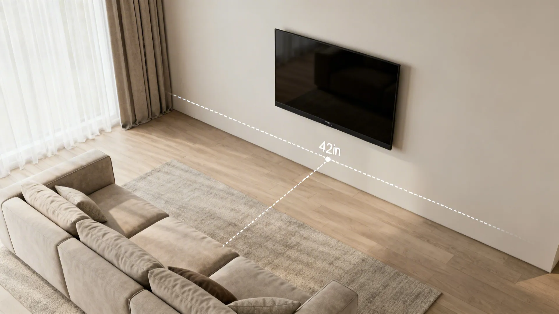 Top-down mockup of a living room layout showing TV center height and sightlines for seating.