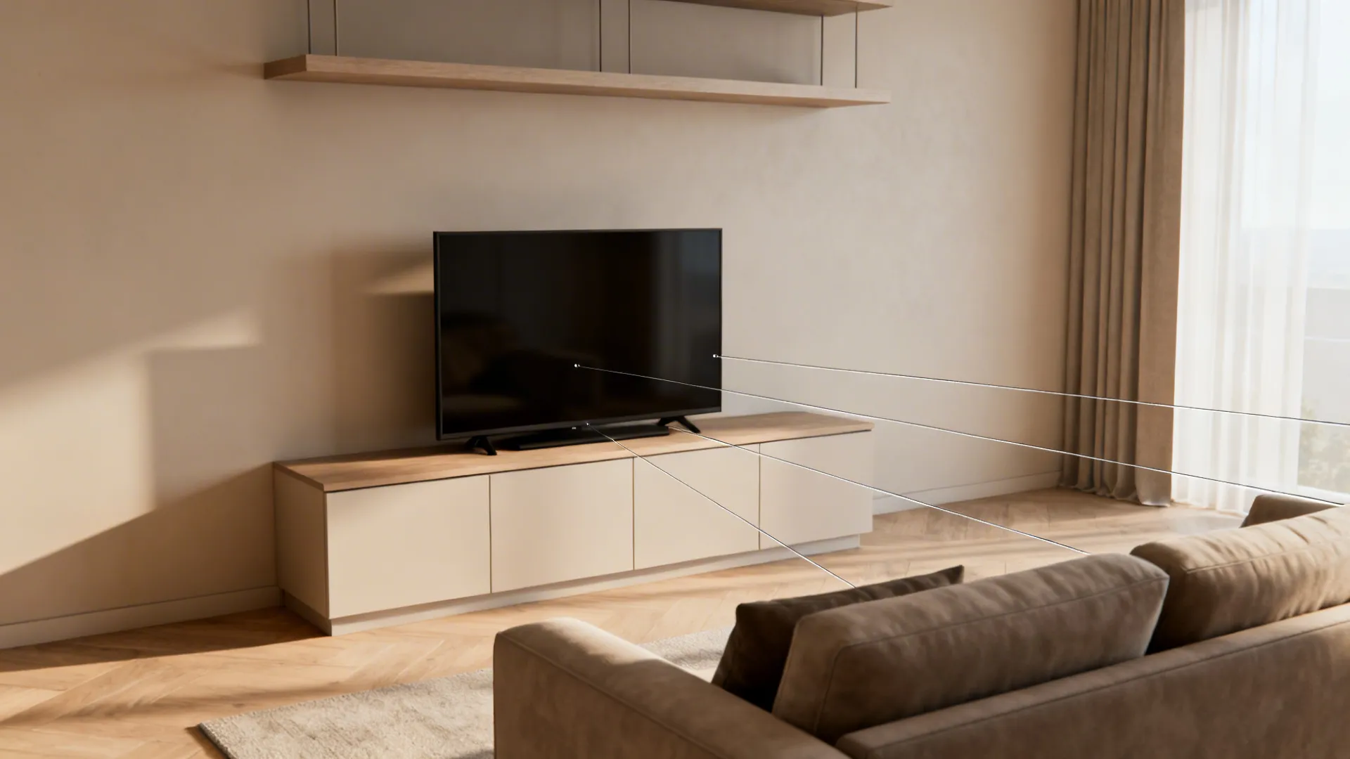 Living room showing TV centered at seated eye level integrated with low cabinetry and aligned furniture for optimal sightlines.