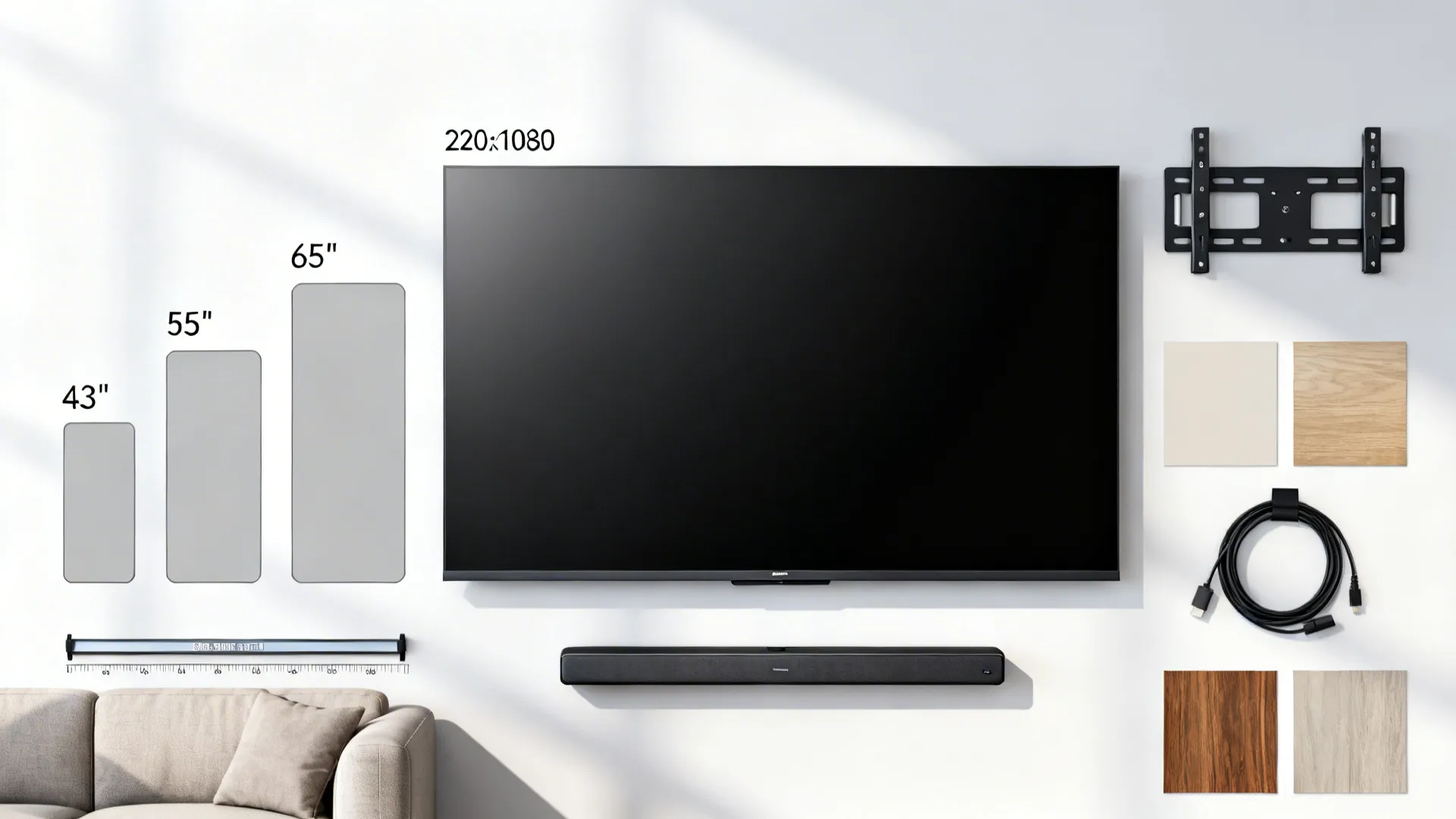 Flatlay of TV size cutouts, mounts, soundbar and material swatches for planning.