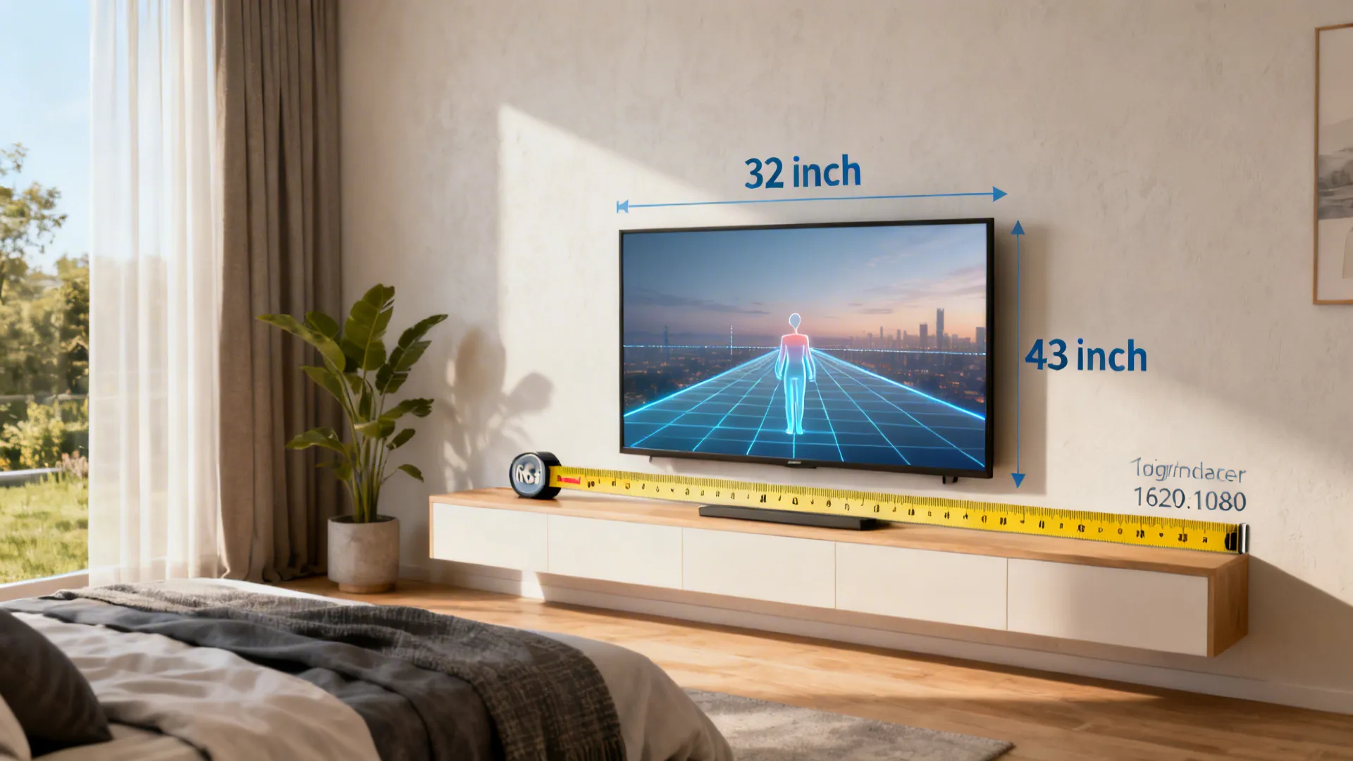 Small bedroom showing TV size guidelines and measuring tape for viewing distance