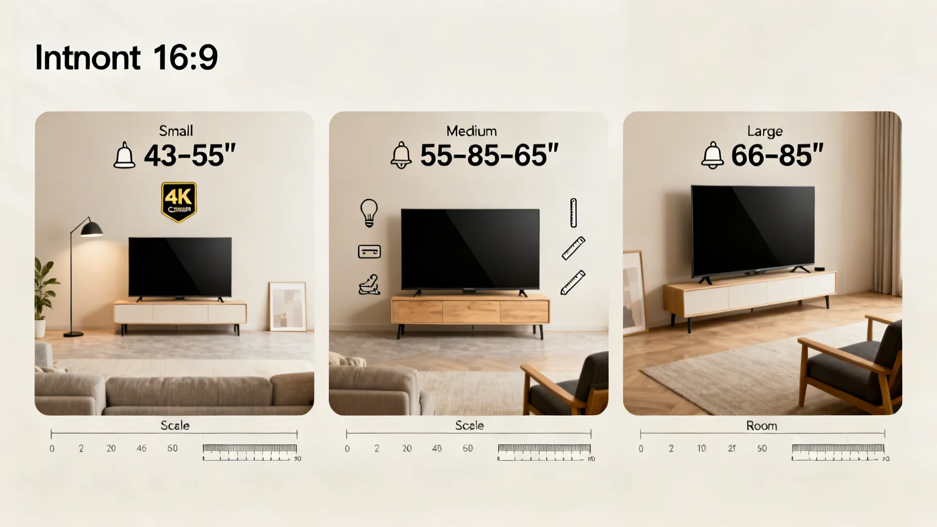 Scale guide infographic showing recommended TV sizes for small, medium, and large living rooms with icons for lighting and 4K.