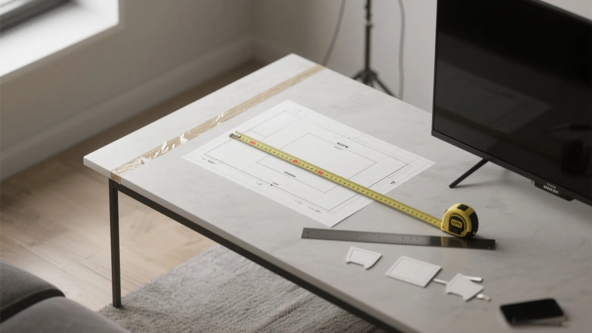 Measuring tape on white table next to television screen with interior design drawing and ruler
