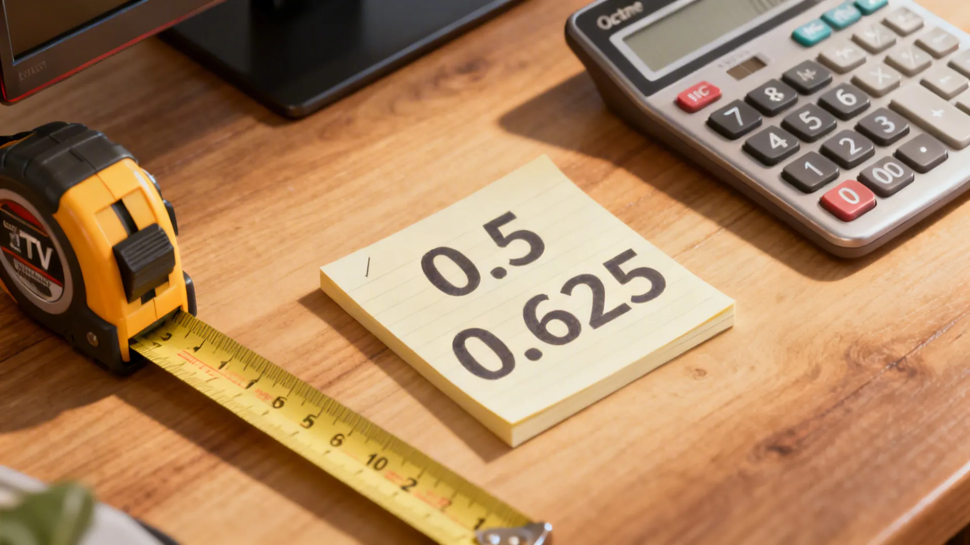 Tape measure and notes showing multipliers 0.5 and 0.625 for TV size calculation.