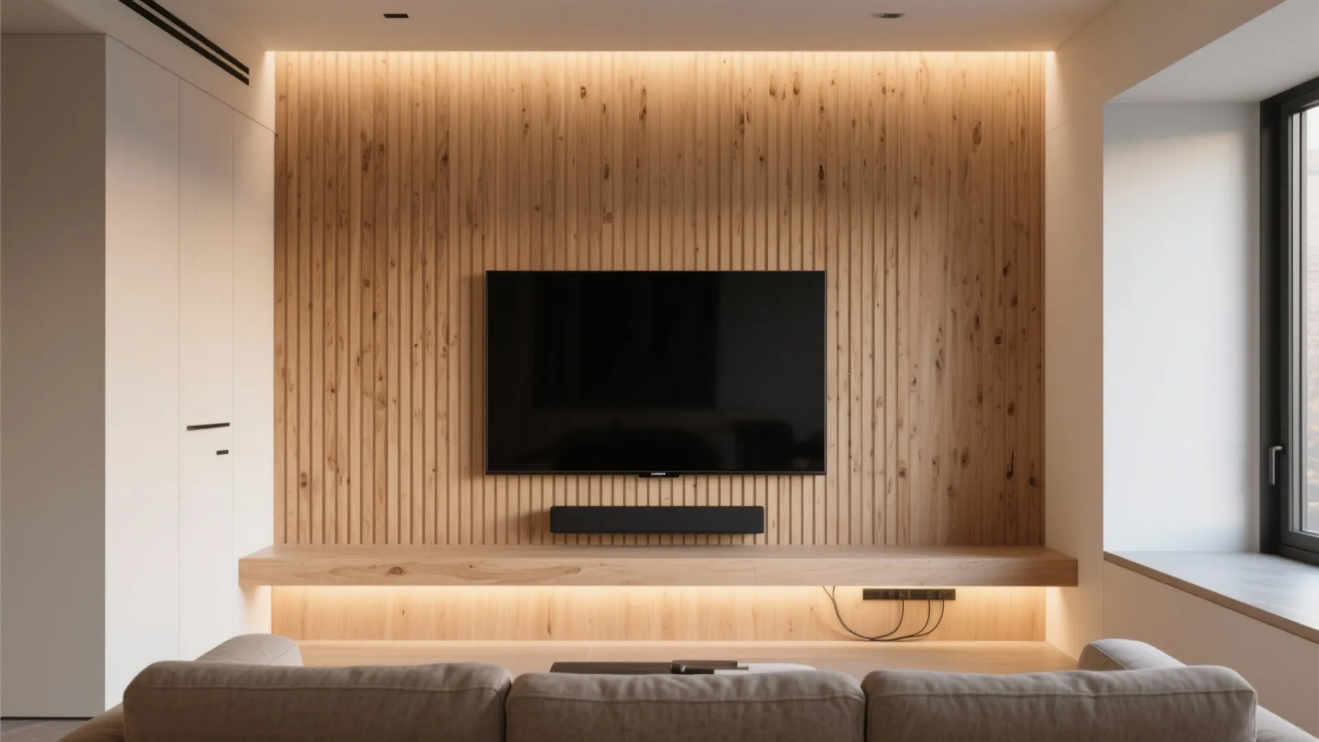 Slatted Wood Feature Wall + Subtle Bias Lighting