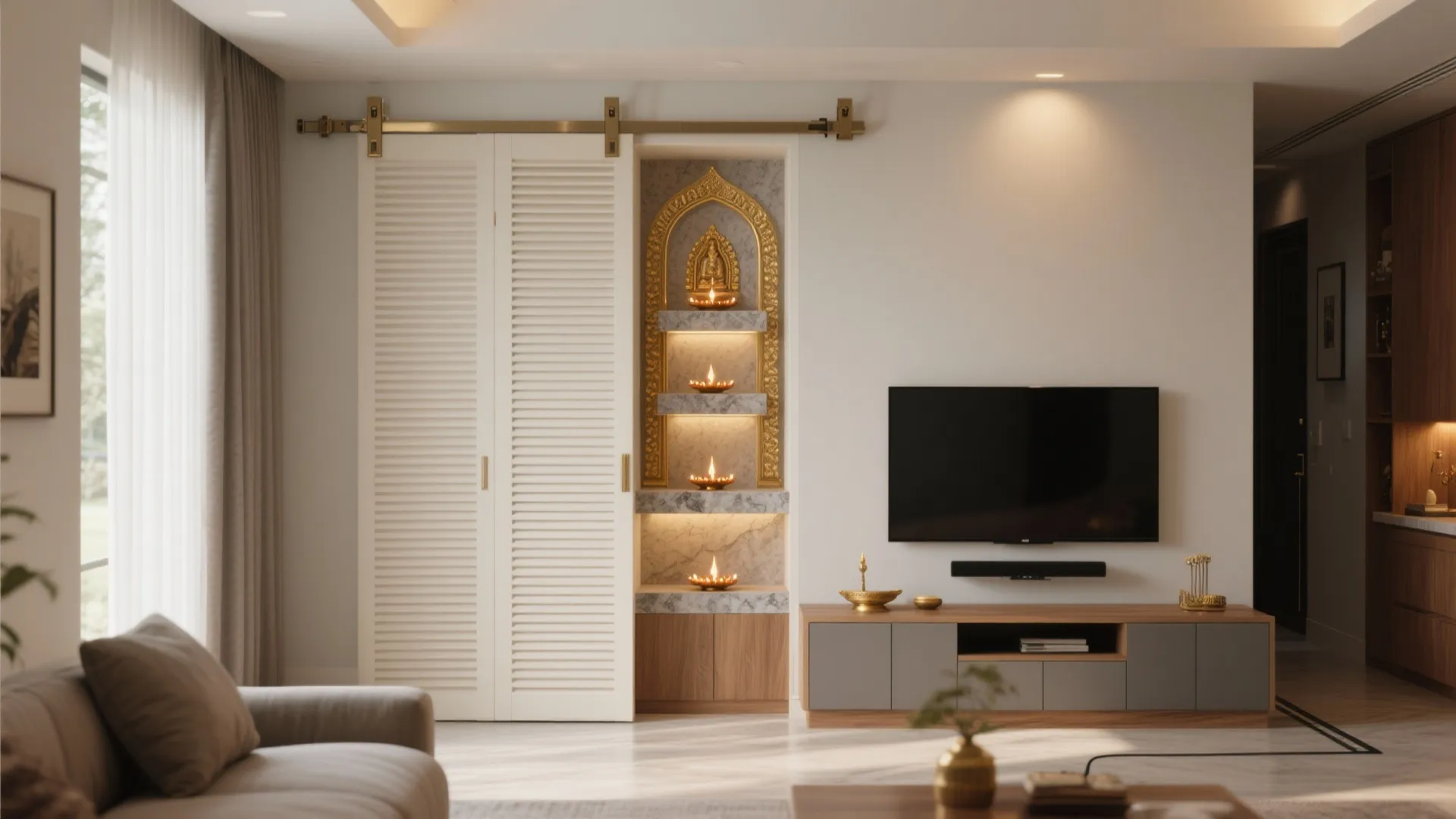 Sliding-Panel Shrine Inside the TV Unit