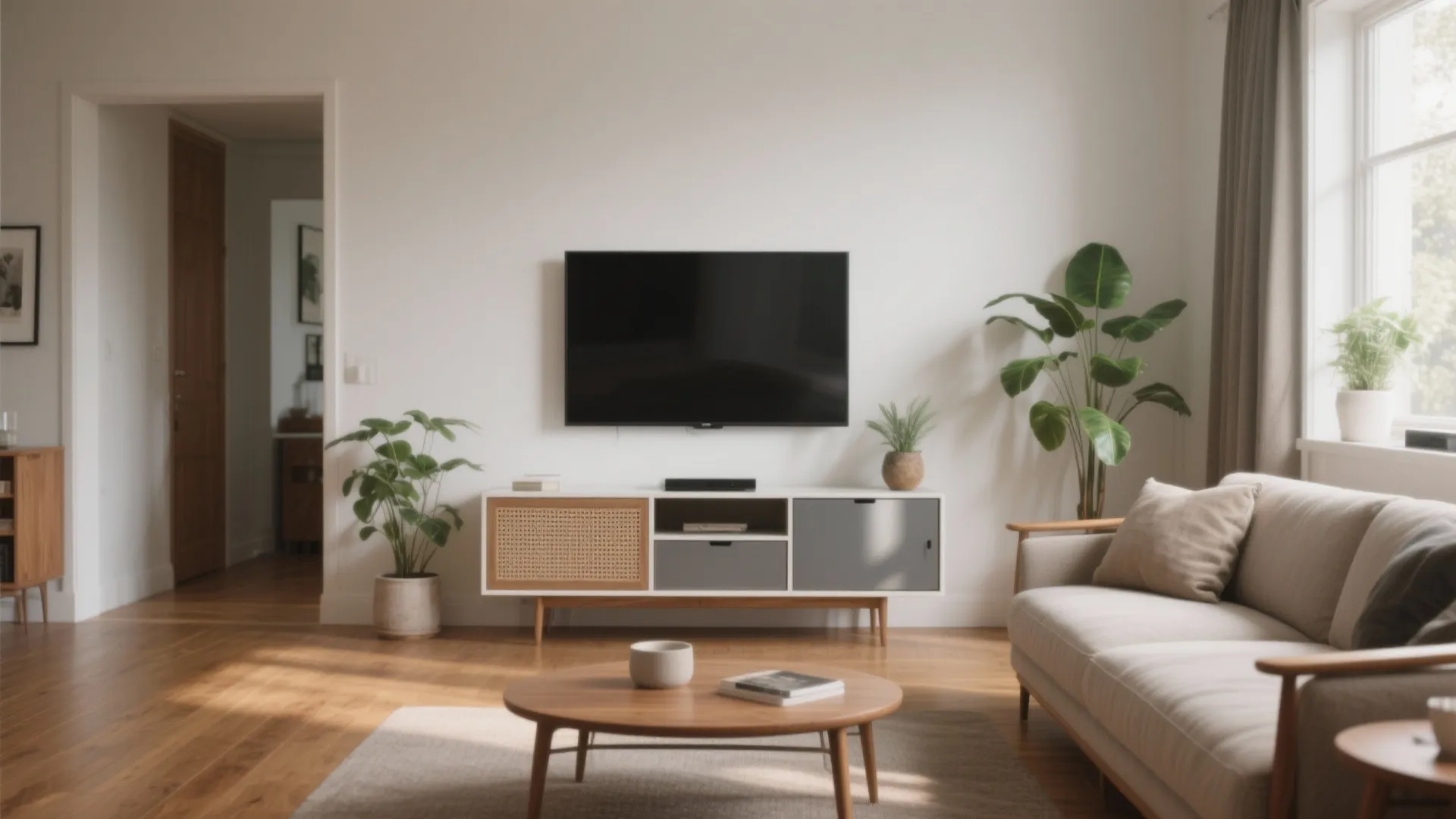 Modern white living room with wall mounted television wooden coffee table grey sofa and green plants