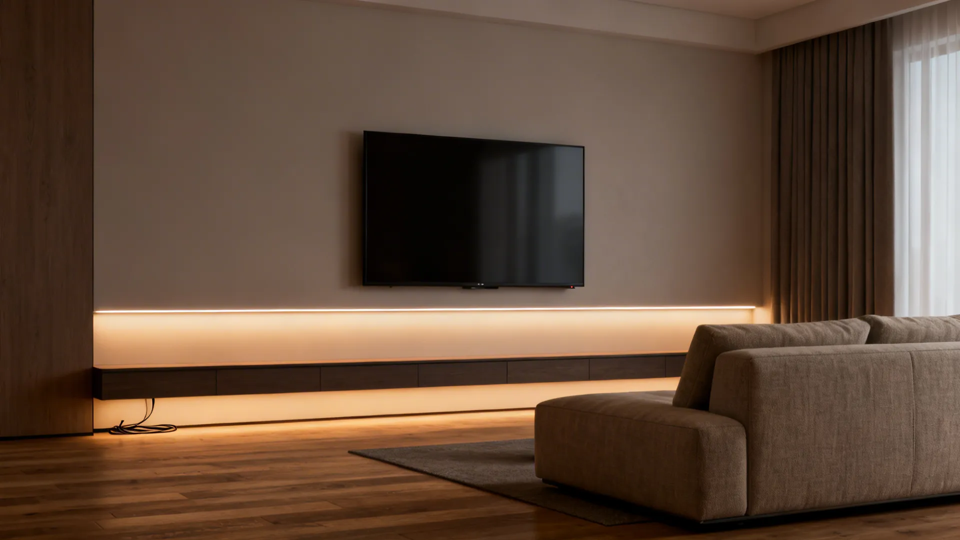 TV wall and sofa with warm LED backlighting that reduces screen glare and adds depth