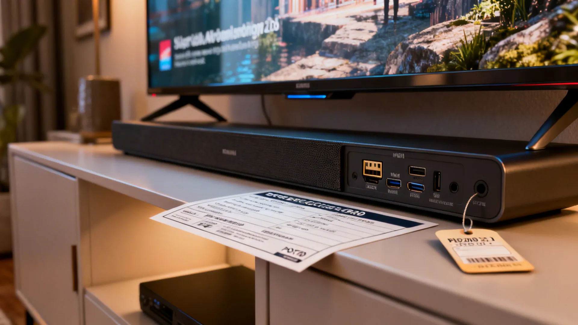 TV spec sheet next to HDMI ports and a soundbar indicating future-proofing and budget considerations.