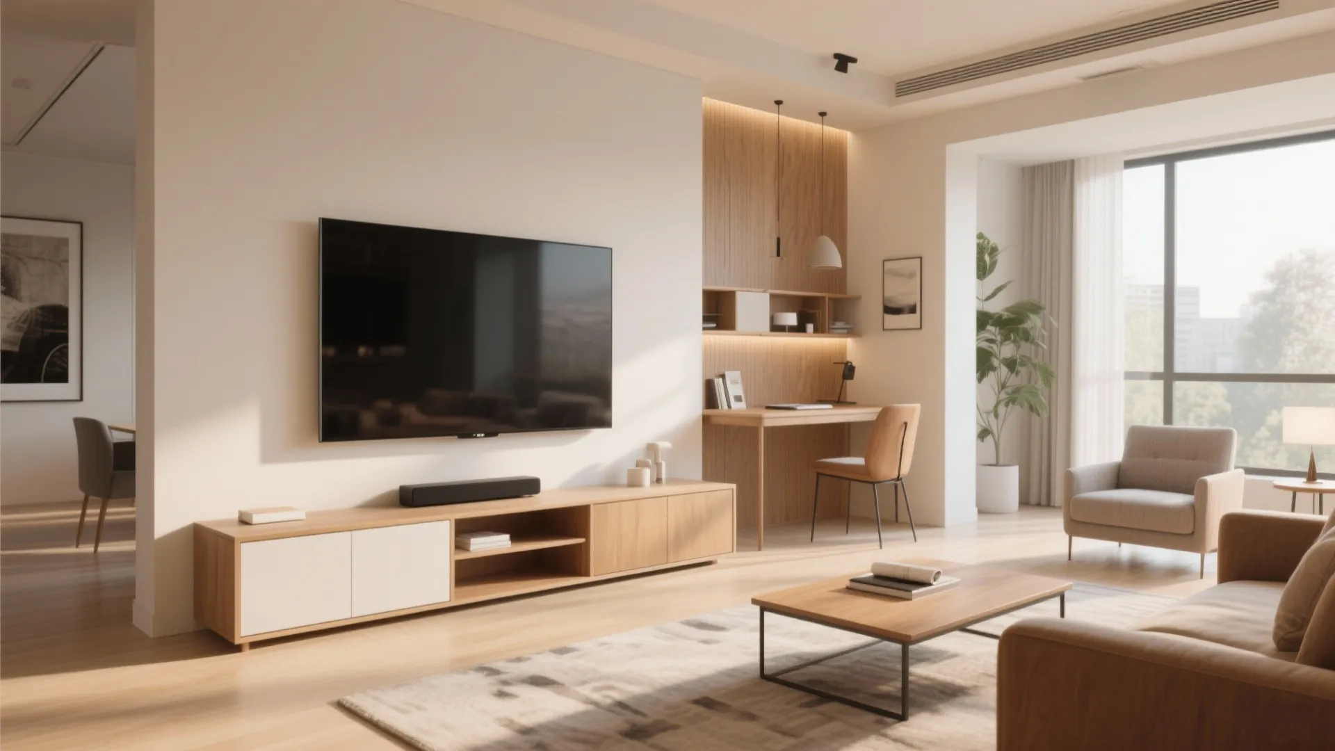 Modern living room featuring wall mounted television wooden cabinet desk chair and large bright window view