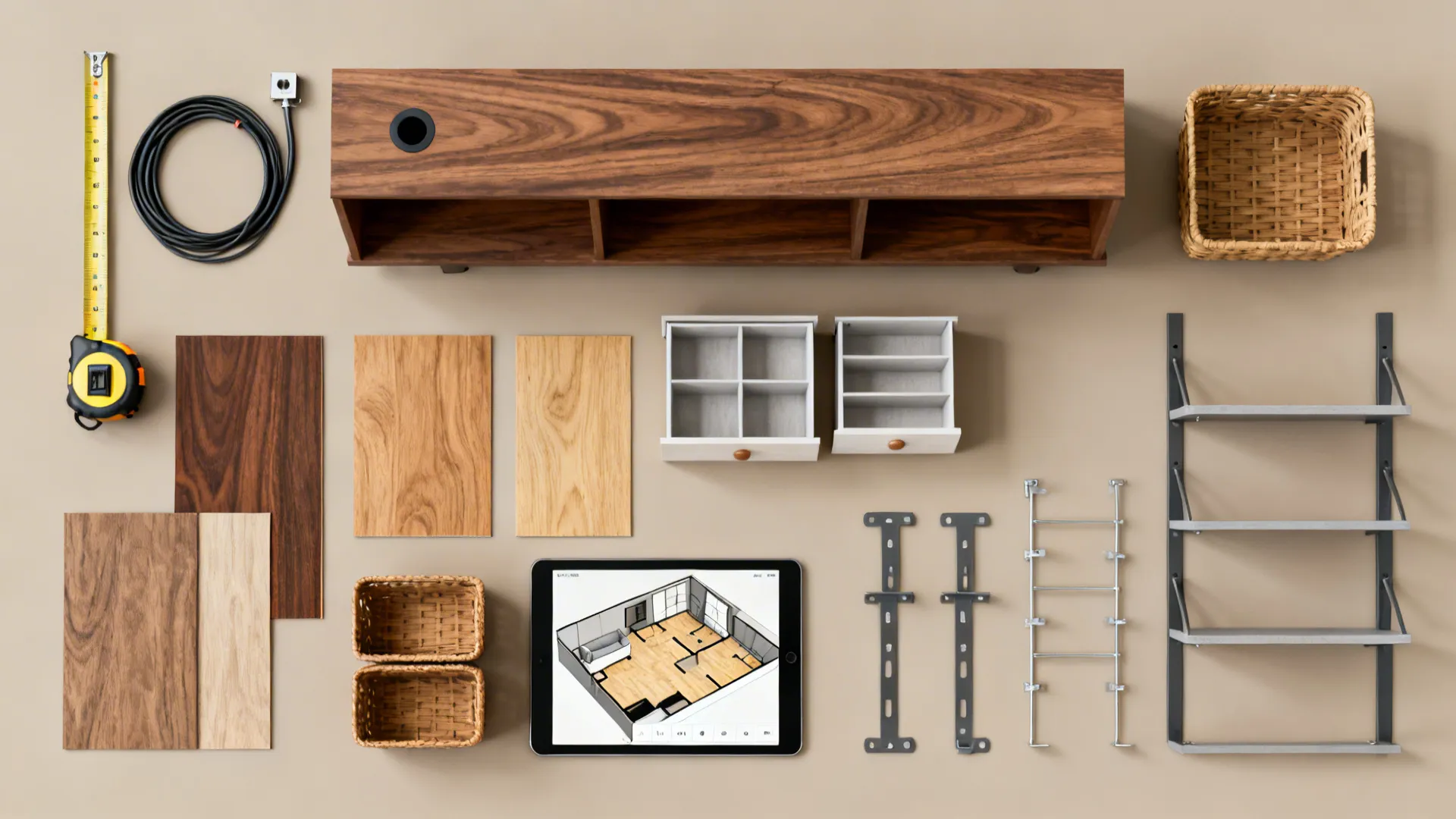 Flatlay of planning tools and material samples for a TV stand project.