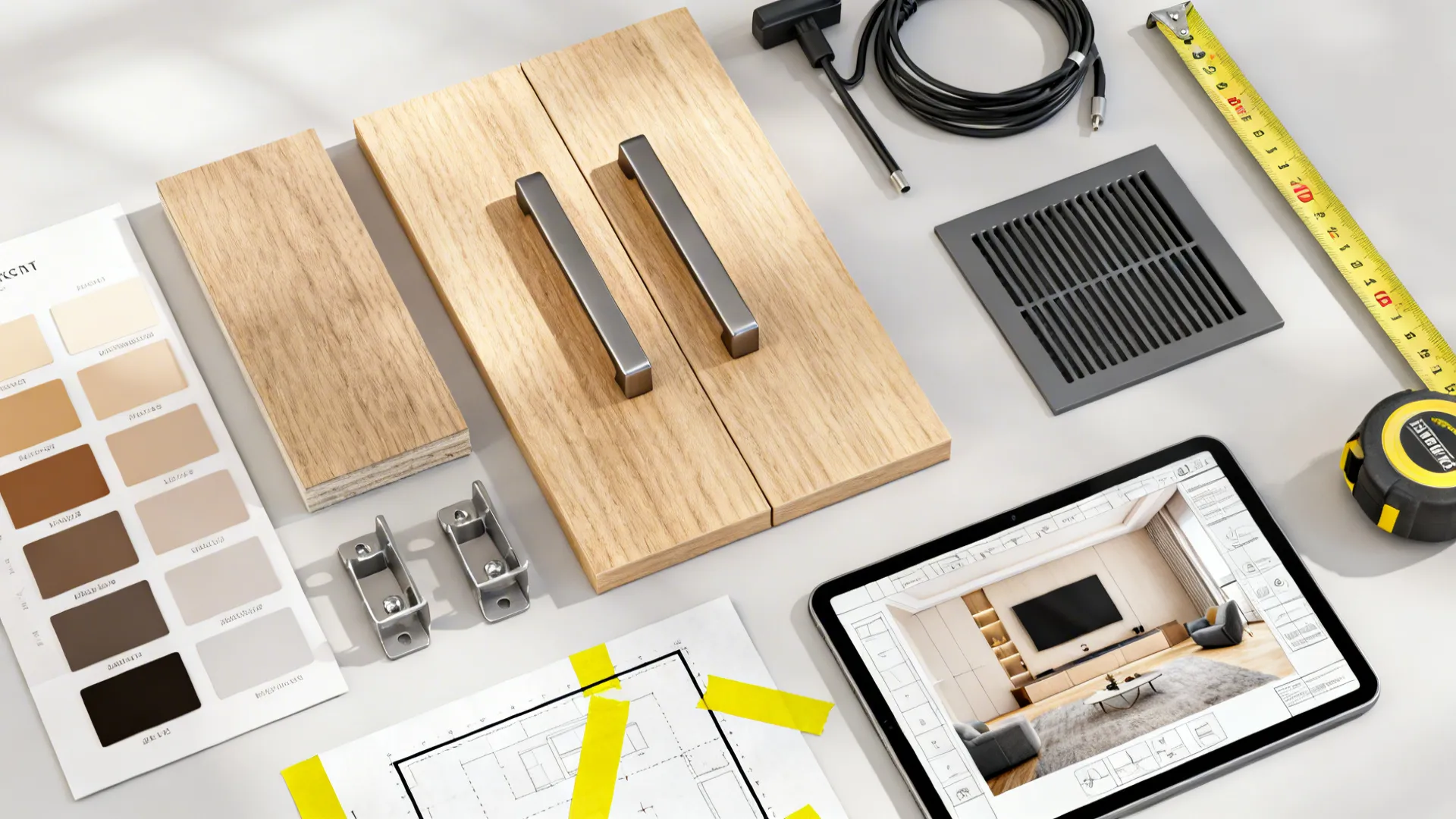 Flatlay of wood samples, cable clips, ventilation grill and a room planner tablet for TV stand planning.
