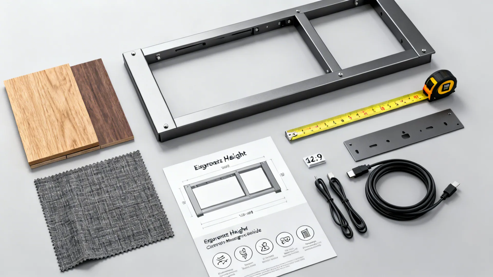 Flatlay of wood and metal swatches, tape measure, ergonomic height guide and cable-management accessories.
