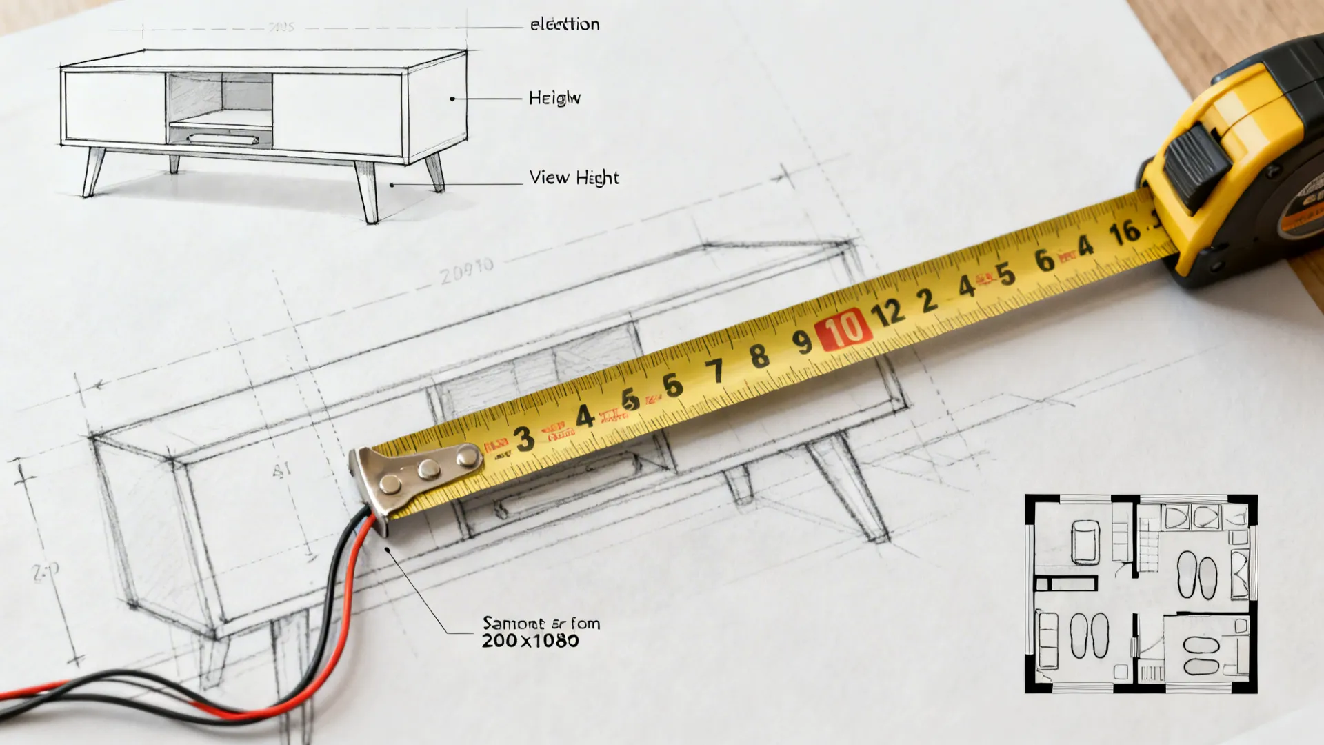 Hand drawn interior design drawing showing a TV cabinet with a yellow tape measure on top
