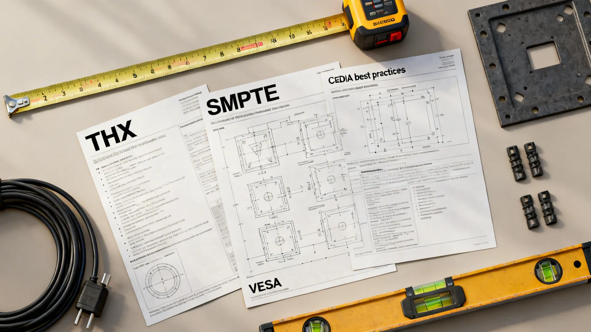 Flatlay of guideline sheets, VESA diagrams, and tools for professional TV mounting standards.