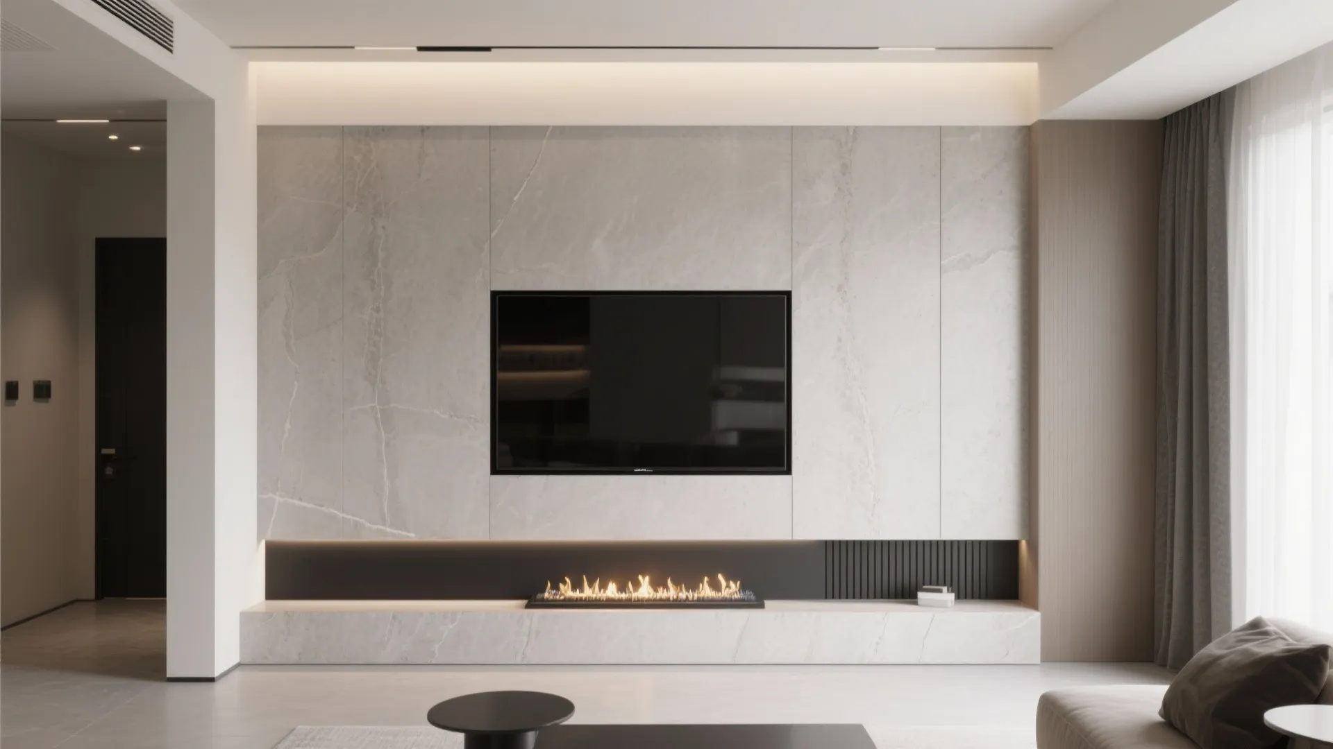 Stone or Microcement Media Wall With Electric Fireplace