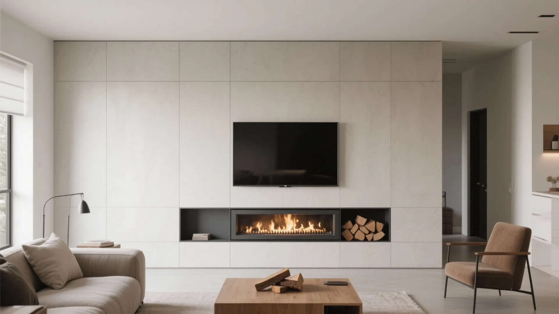 Minimalist living room with a wall mounted television above a built in fireplace and wood