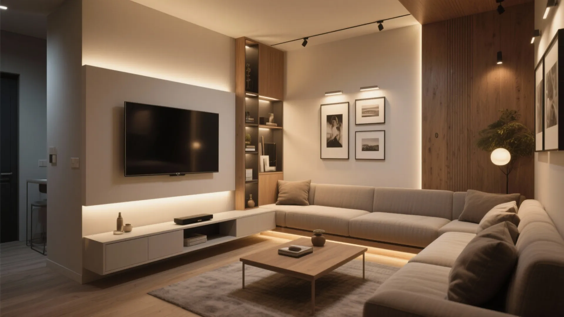 Modern living room with large wall television grey corner sofa wooden coffee table and warm lighting