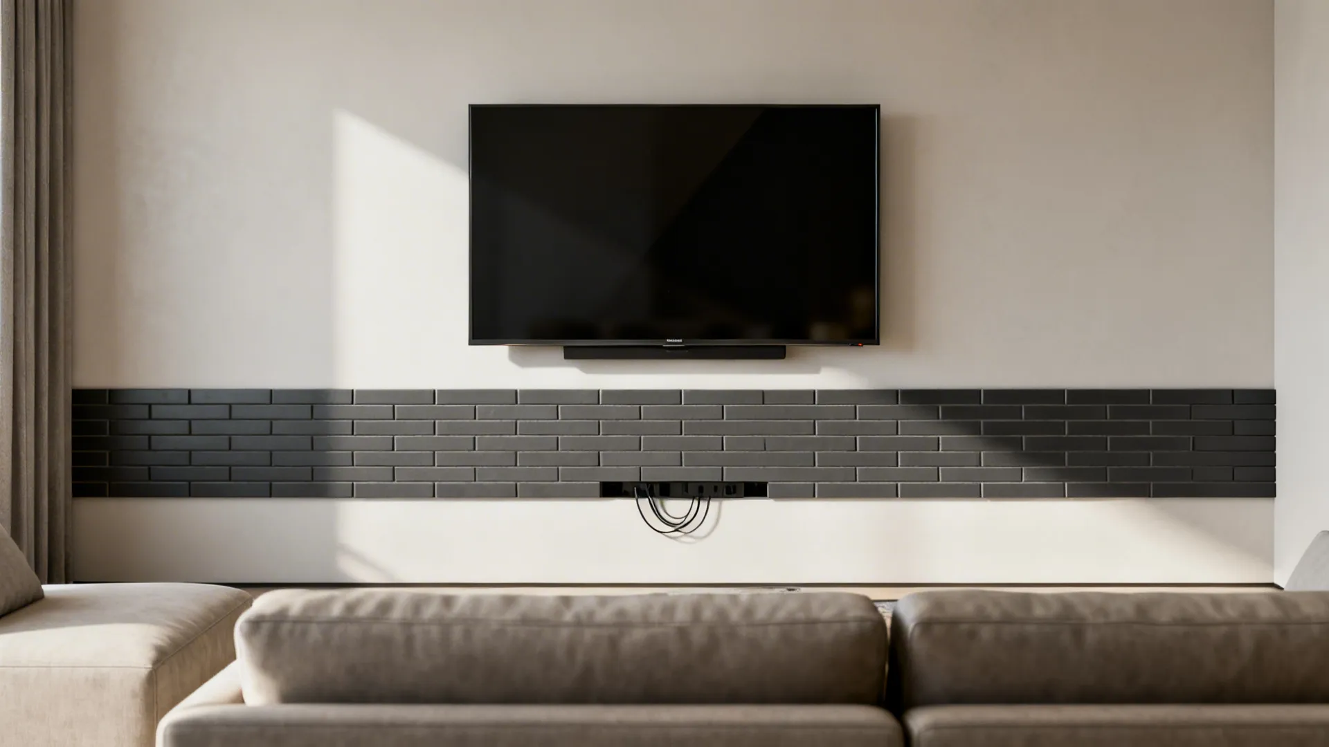 Living room media wall with a horizontal charcoal tile stripe behind a wall-mounted TV and concealed cables.