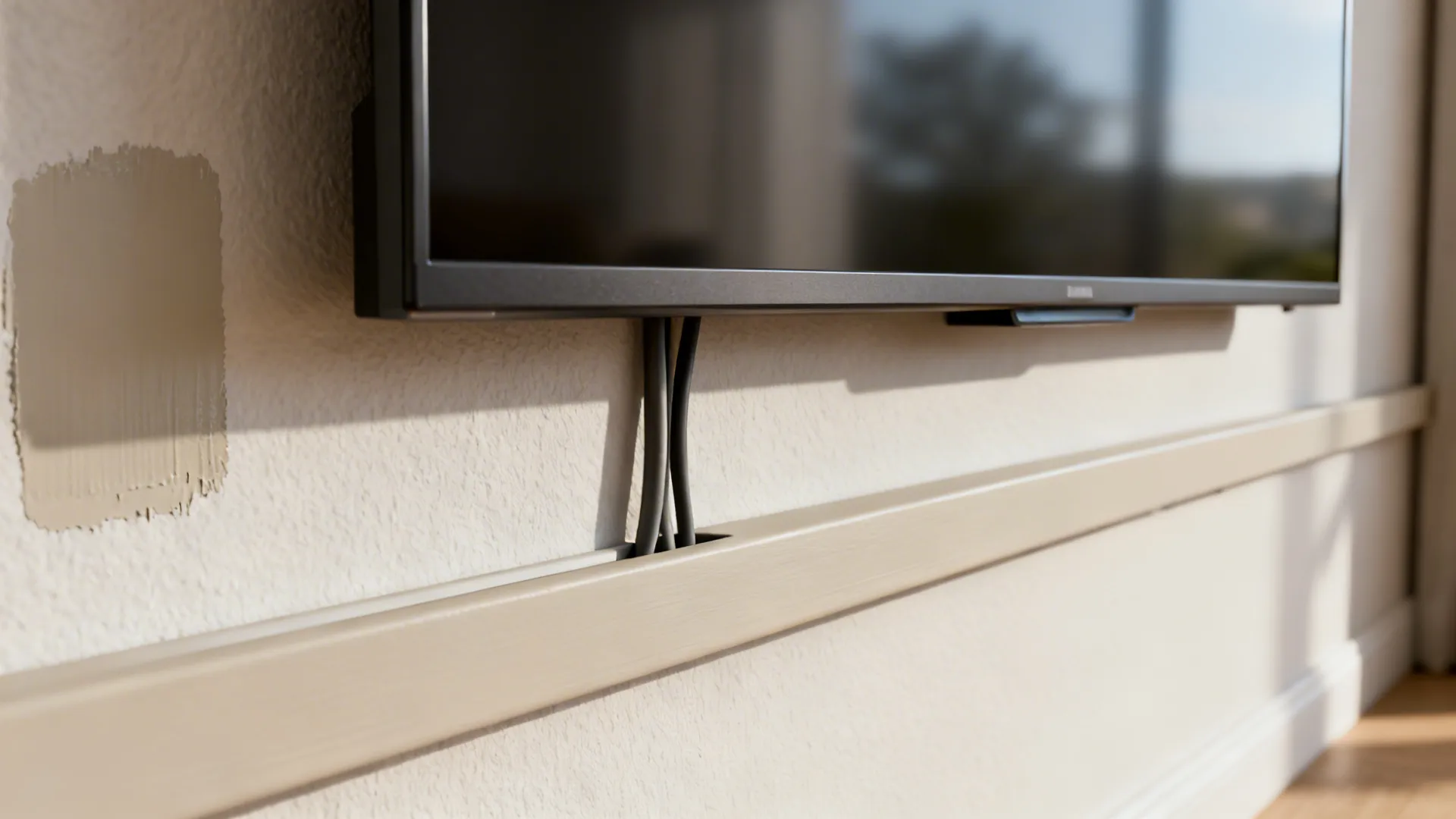 Close-up of paint swatch, concealed cable channel, and mounted TV edge illustrating practical tips.