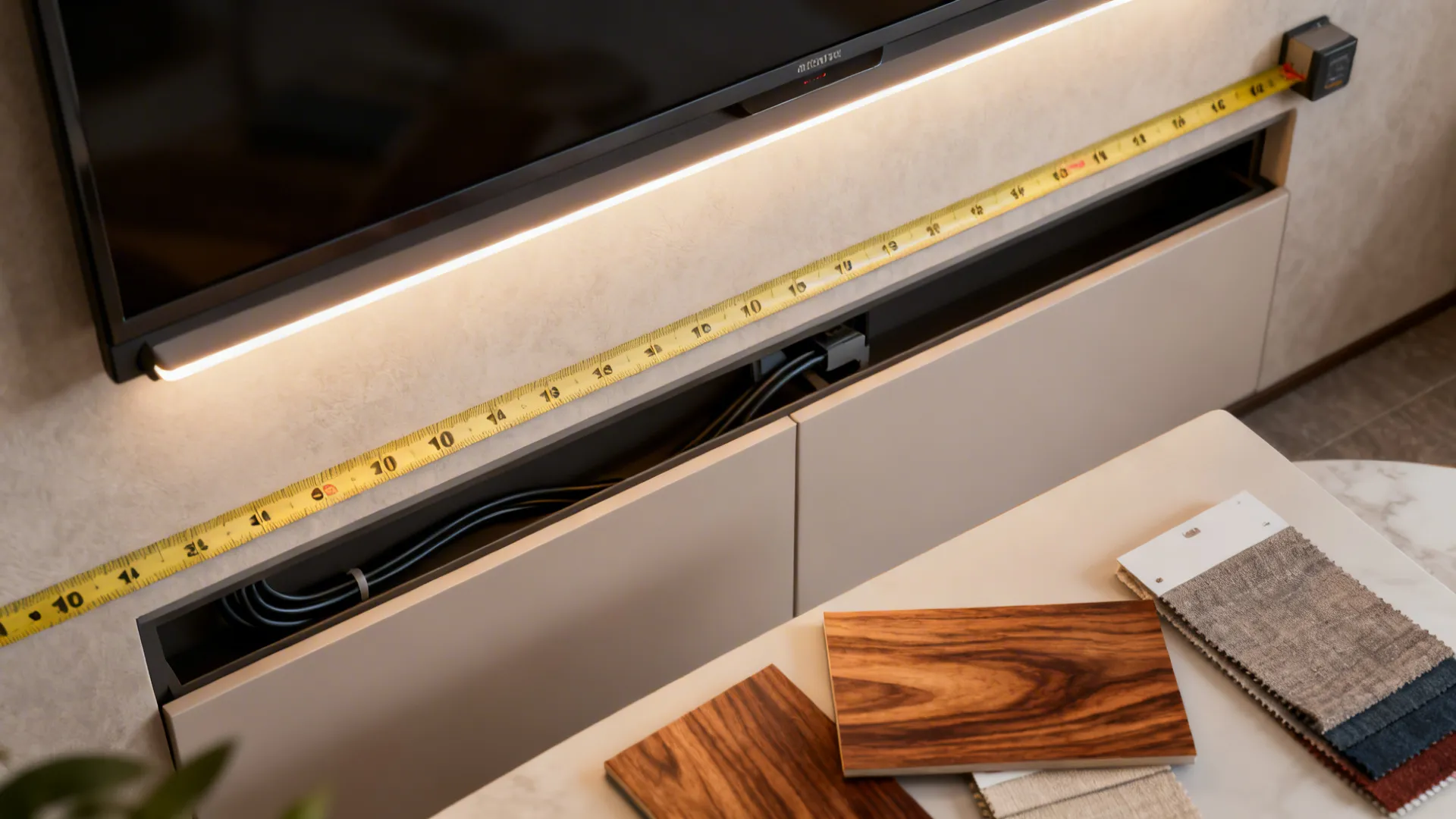 Measuring tape on wall below tv with wood samples and fabric swatches on a table