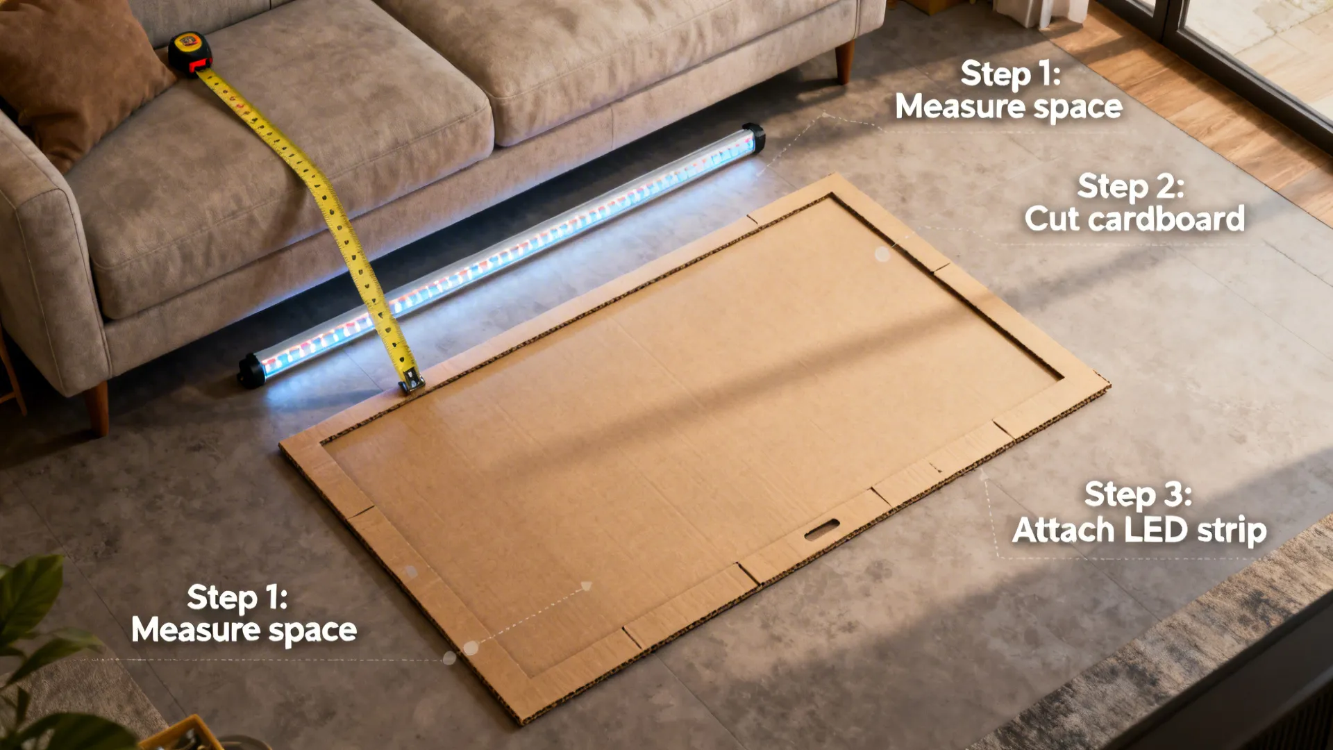 Top-down view of cardboard TV mockup, measuring tape and LED strip demonstrating quick placement tips