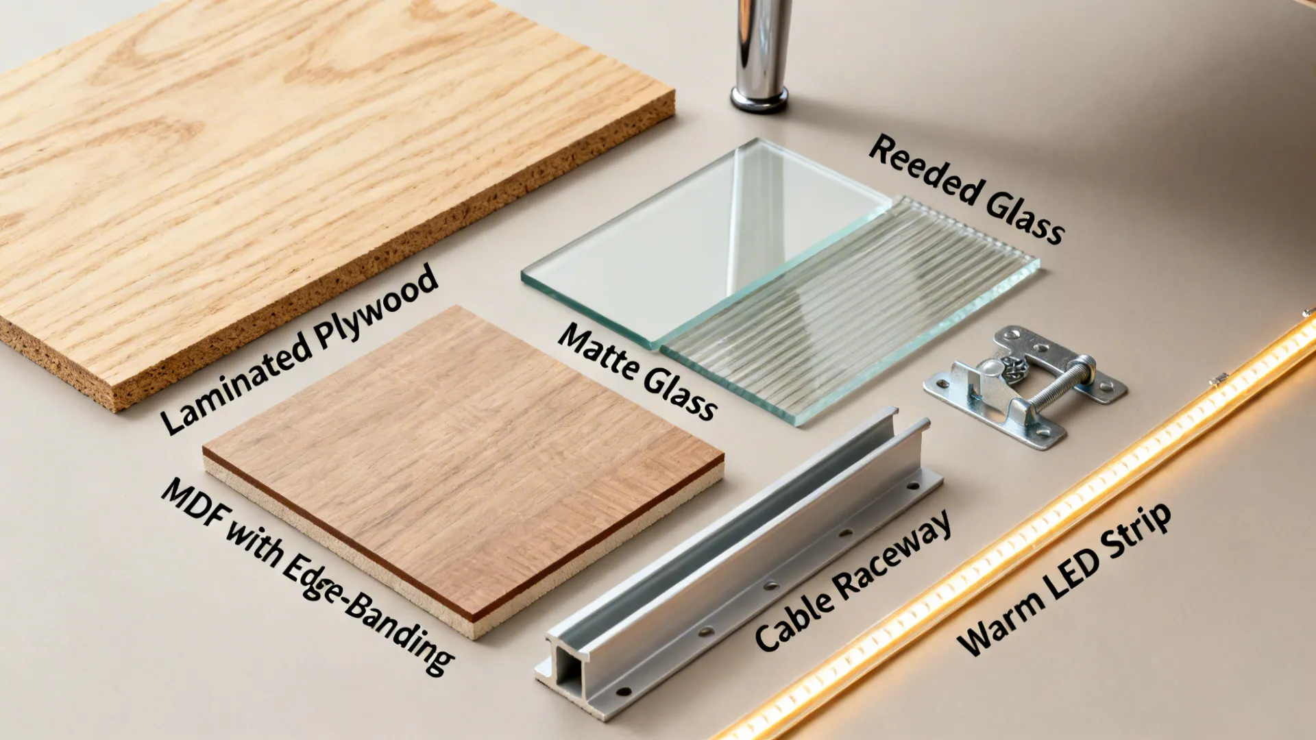 Labeled interior design materials including wood glass metal parts and warm LED light strip display