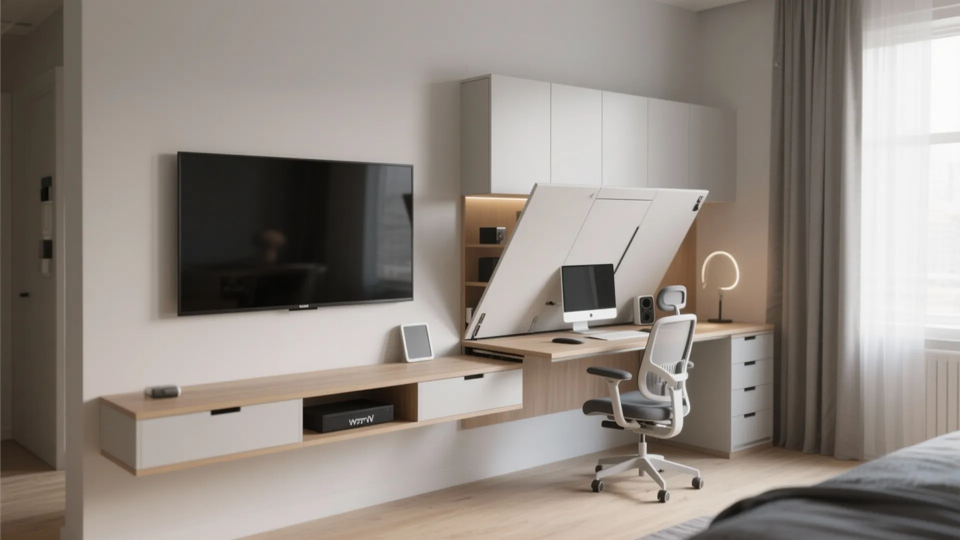 Modern wall unit with television next to a hidden desk and white ergonomic office chair