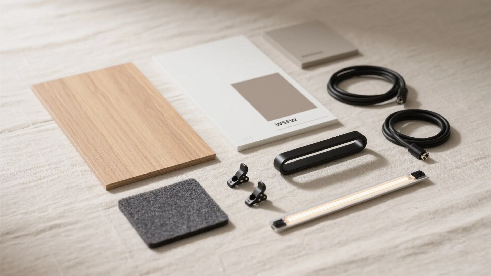 Various interior design materials including wood board light sample black cables and small metal light fixture