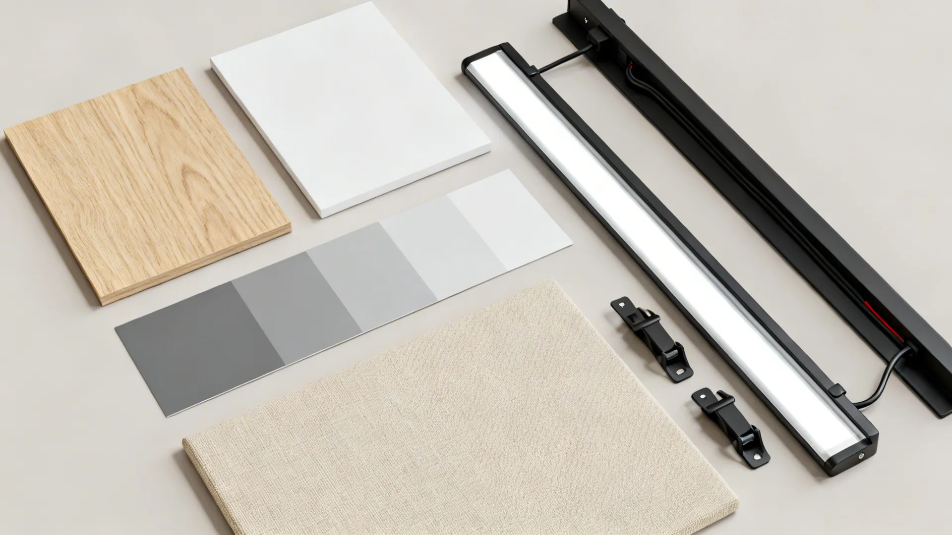 Flat lay of light oak, matte white laminate, gray paint, fabric, hardware, and cable clips.