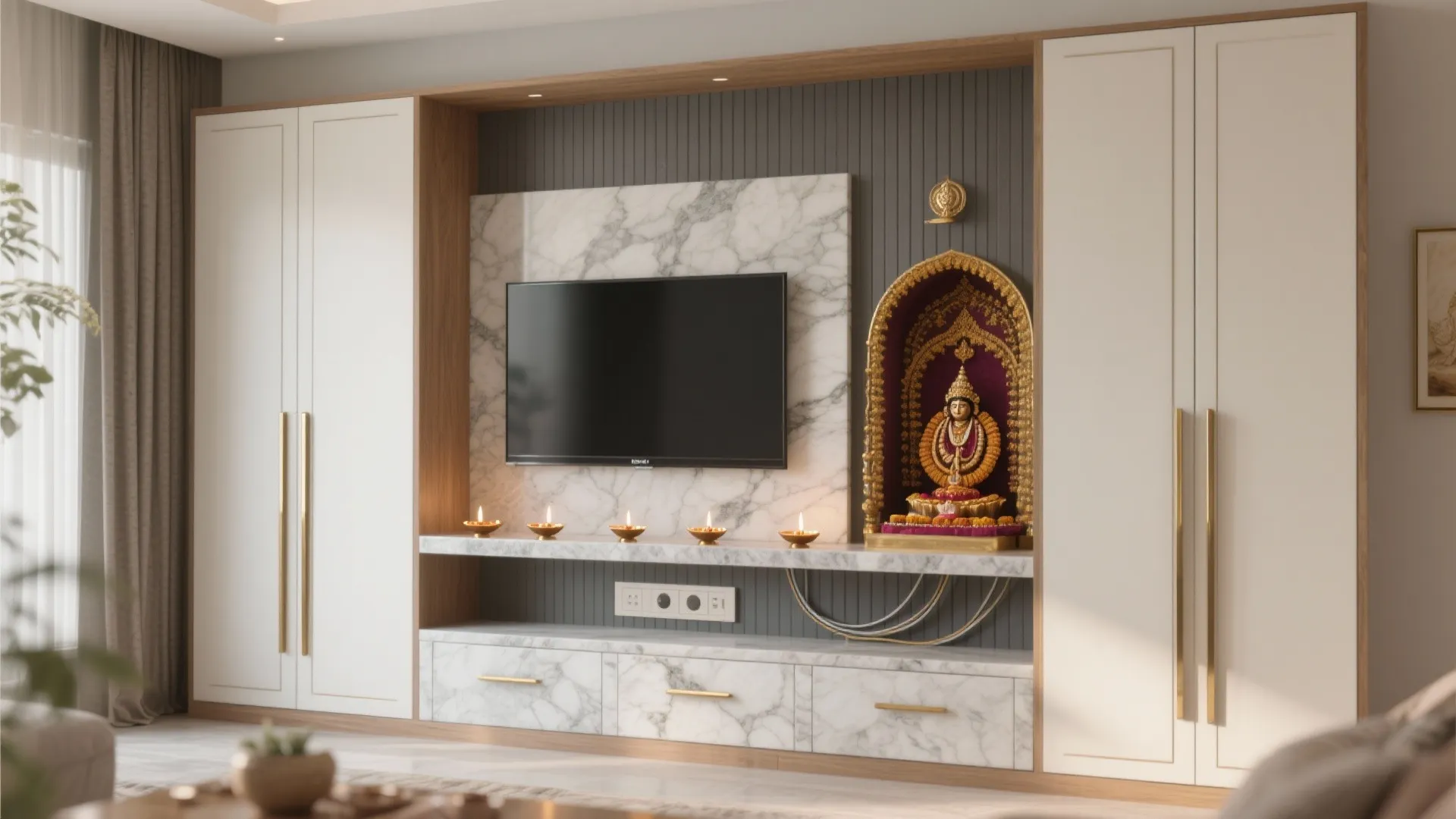 Integrated Pooja Cabinet within the TV Unit