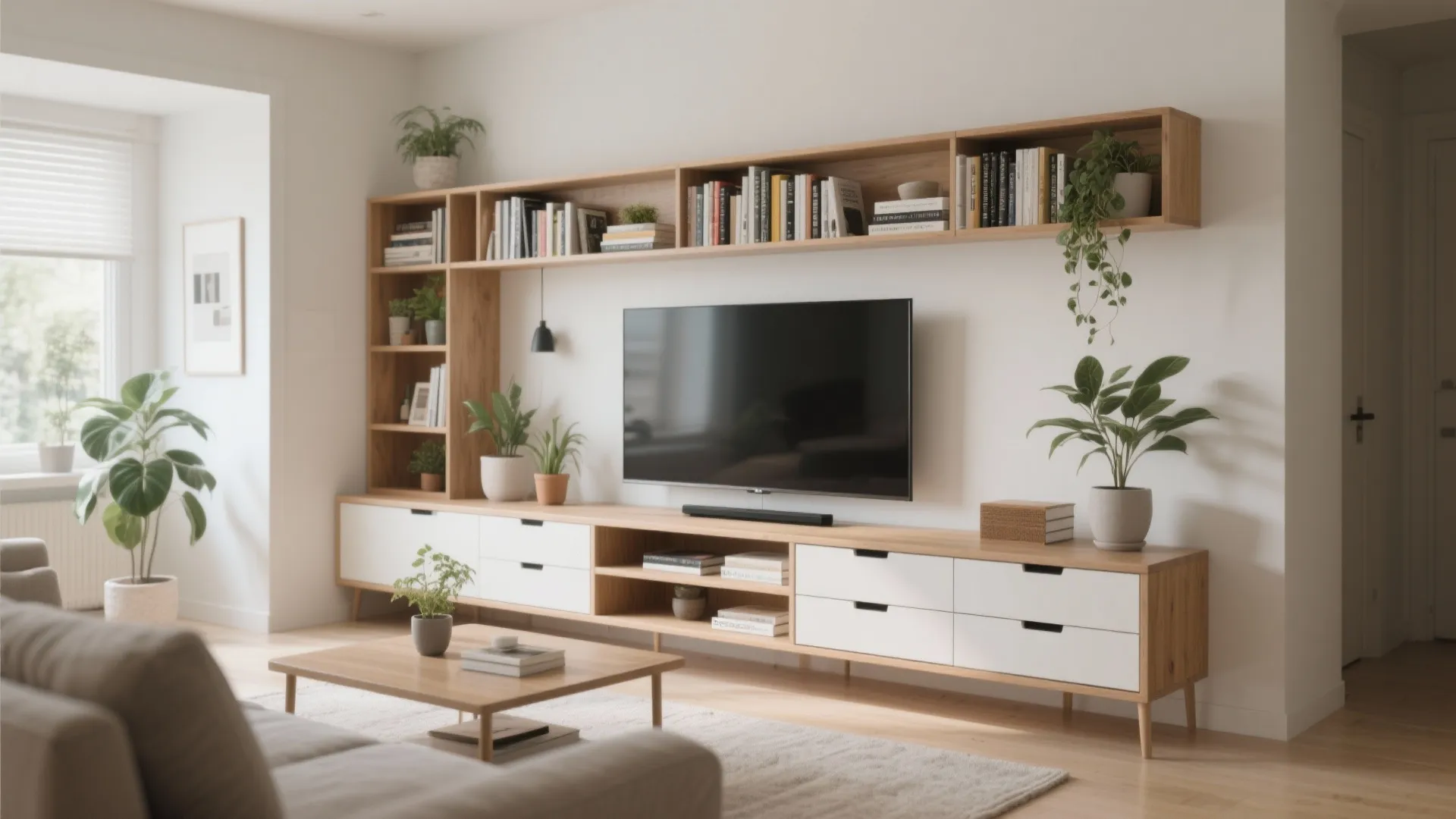 Slim TV unit with built-in storage in small living room