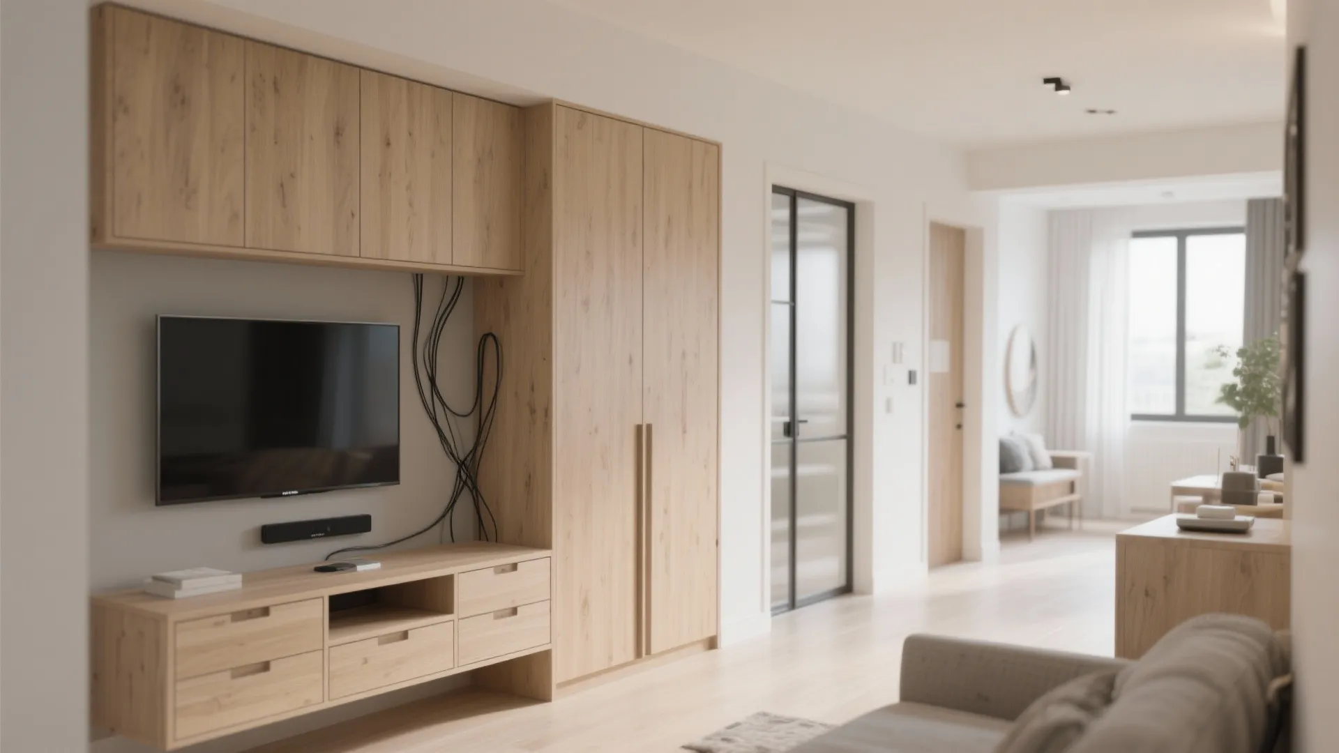 Modern living room featuring a wooden TV cabinet and matching wall storage with tall closet