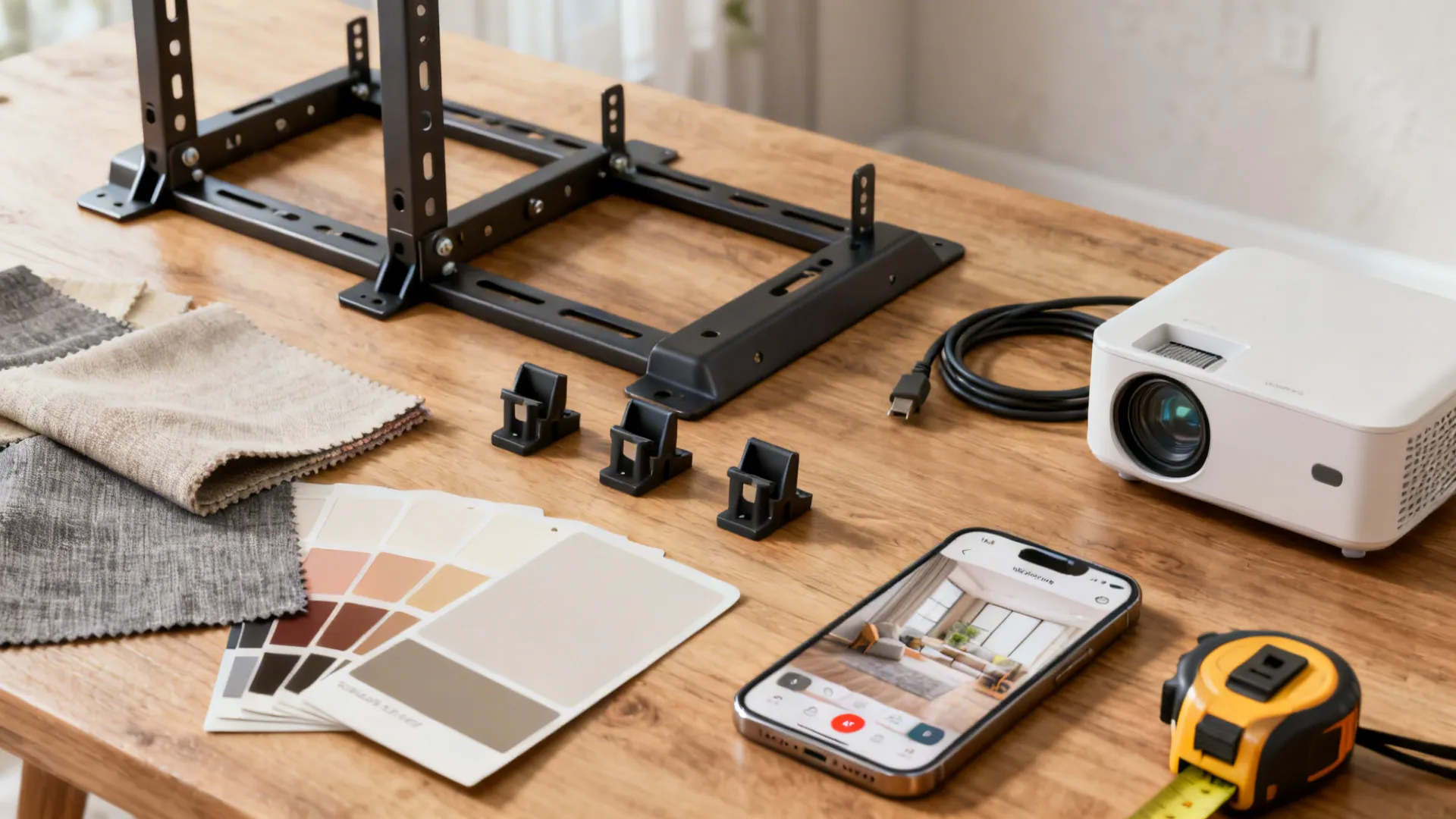 Flatlay of planning tools for AV upgrades including mounts, cable clips, projector, swatches, and a room-planner app.