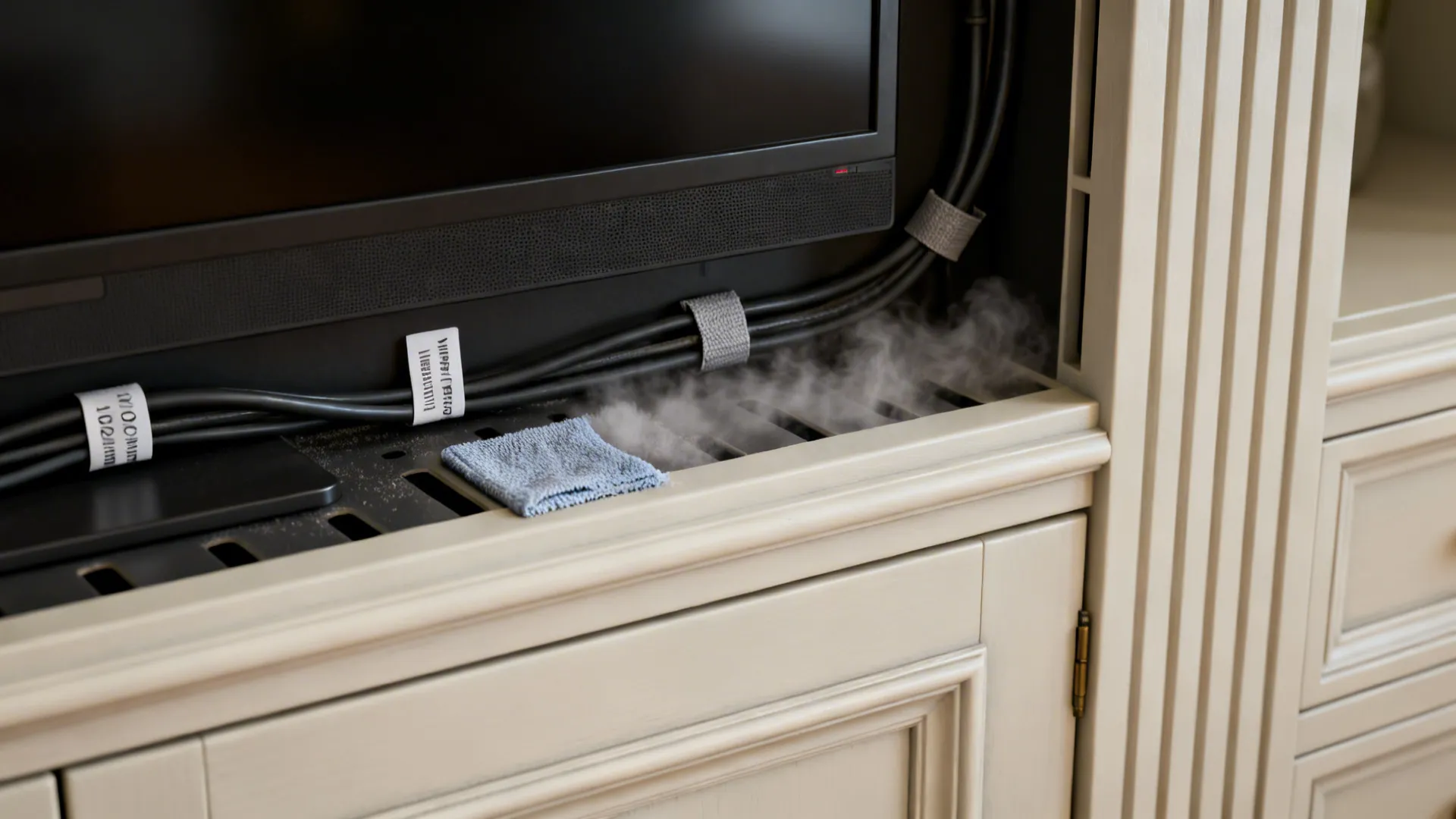 Macro of ventilation gap and labeled cables behind a wall-mounted TV with matte finish.