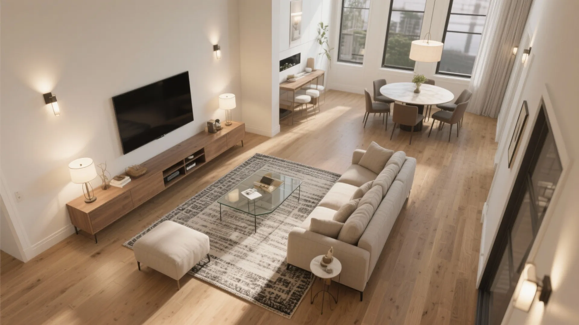 Spacious living room layout with sofa television cabinet dining table chair set and wood floor