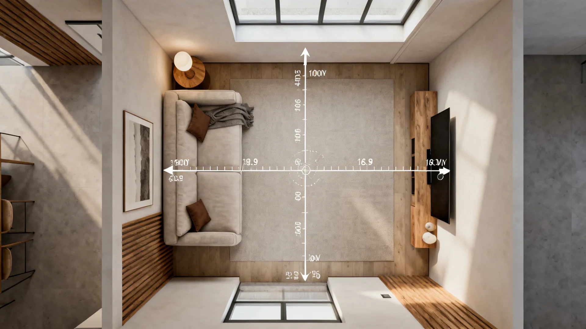 Top down interior design drawing of living room with sofa and television showing distance arrows