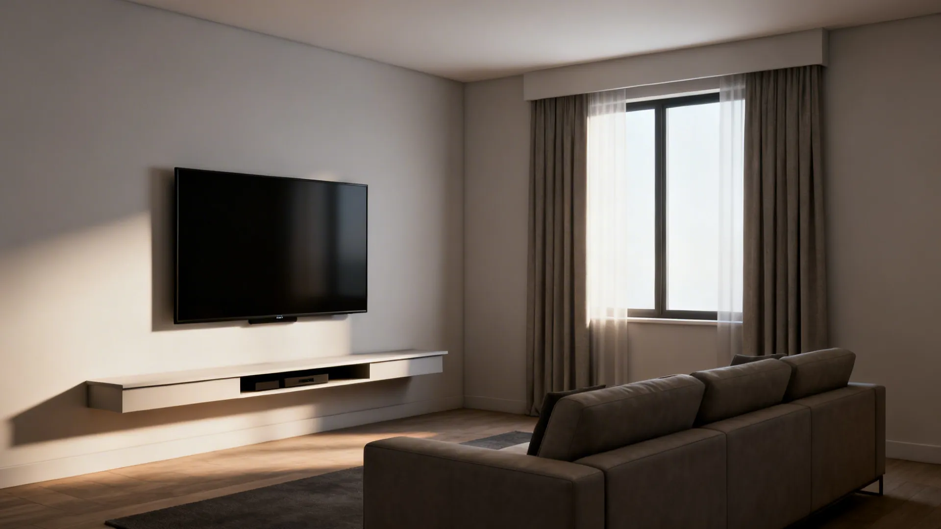 Wall-mounted TV with seating placed at proper viewing distance and a slim floating media shelf below.