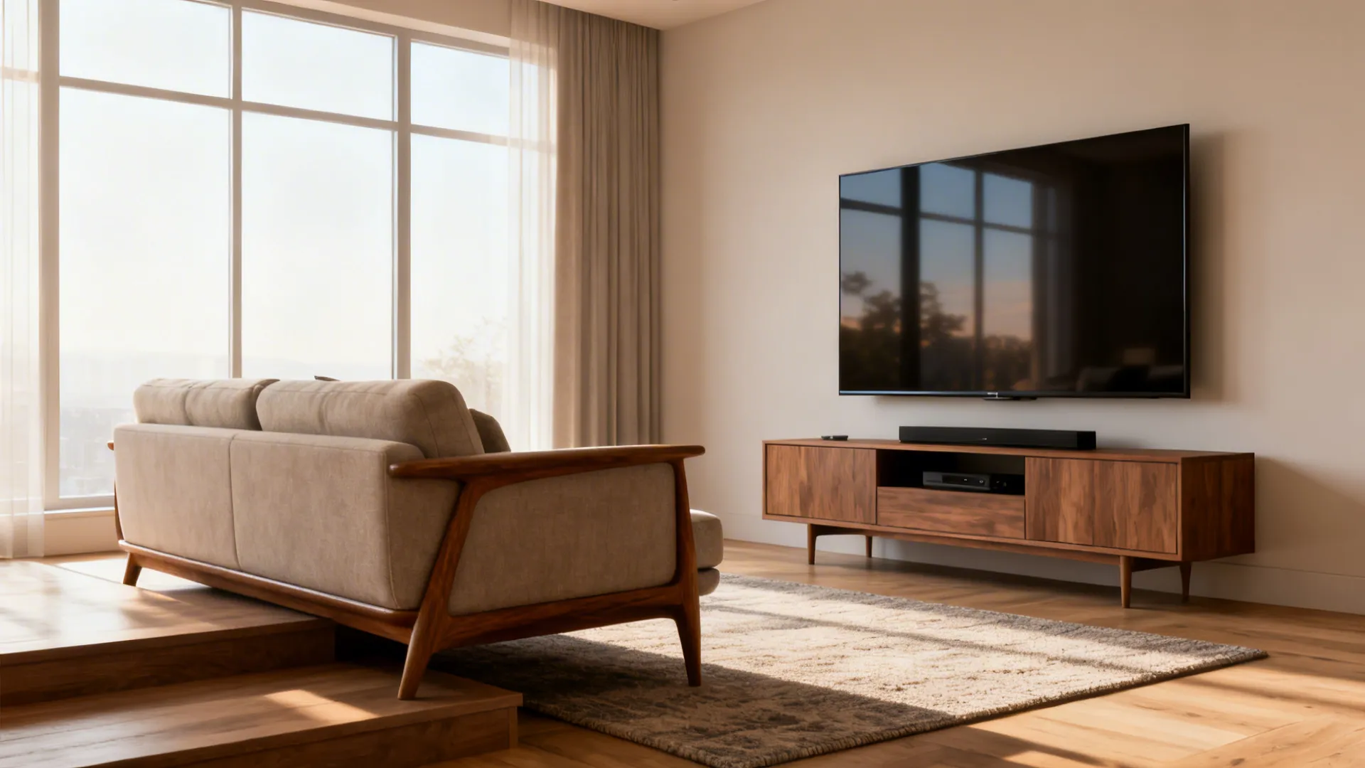 Bright modern living room with sofa facing wall mounted television on wooden cabinet near window